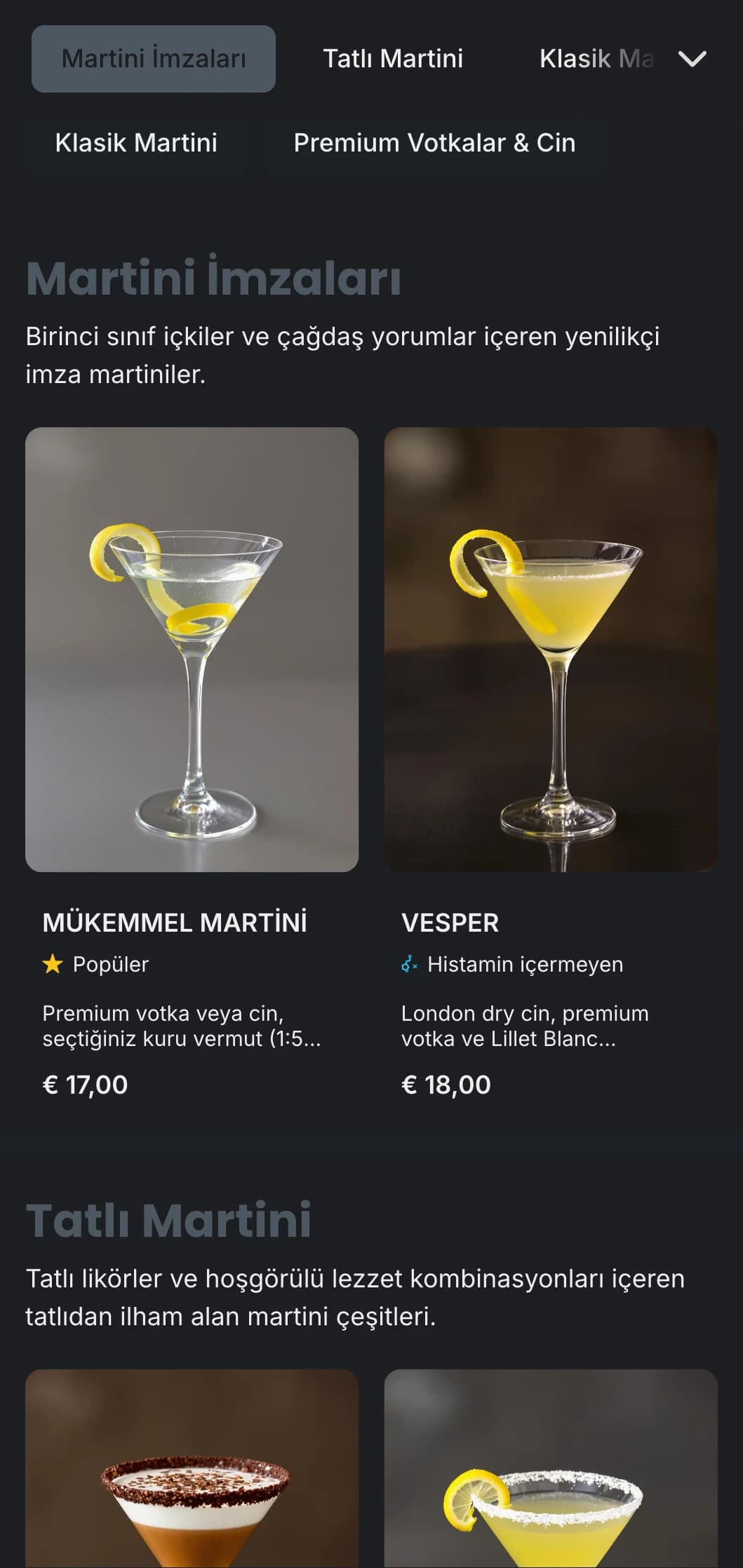 Kentsel martini barları için soğuk gri tonları ve temiz tipografi içeren şık, metropolitan bir tasarım.