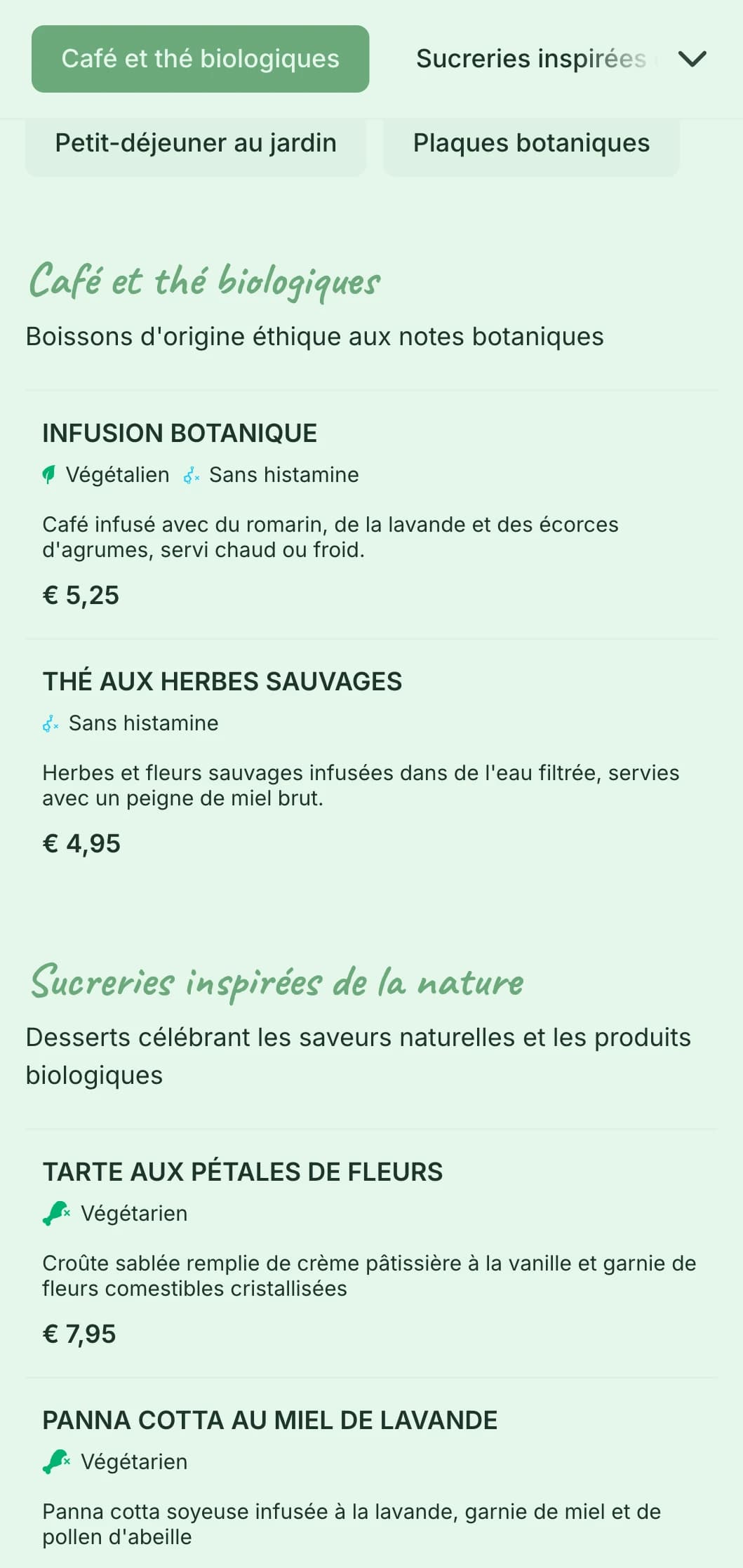 Un design frais et vert avec des éléments botaniques pour les cafés-jardins et les brunchs bio.