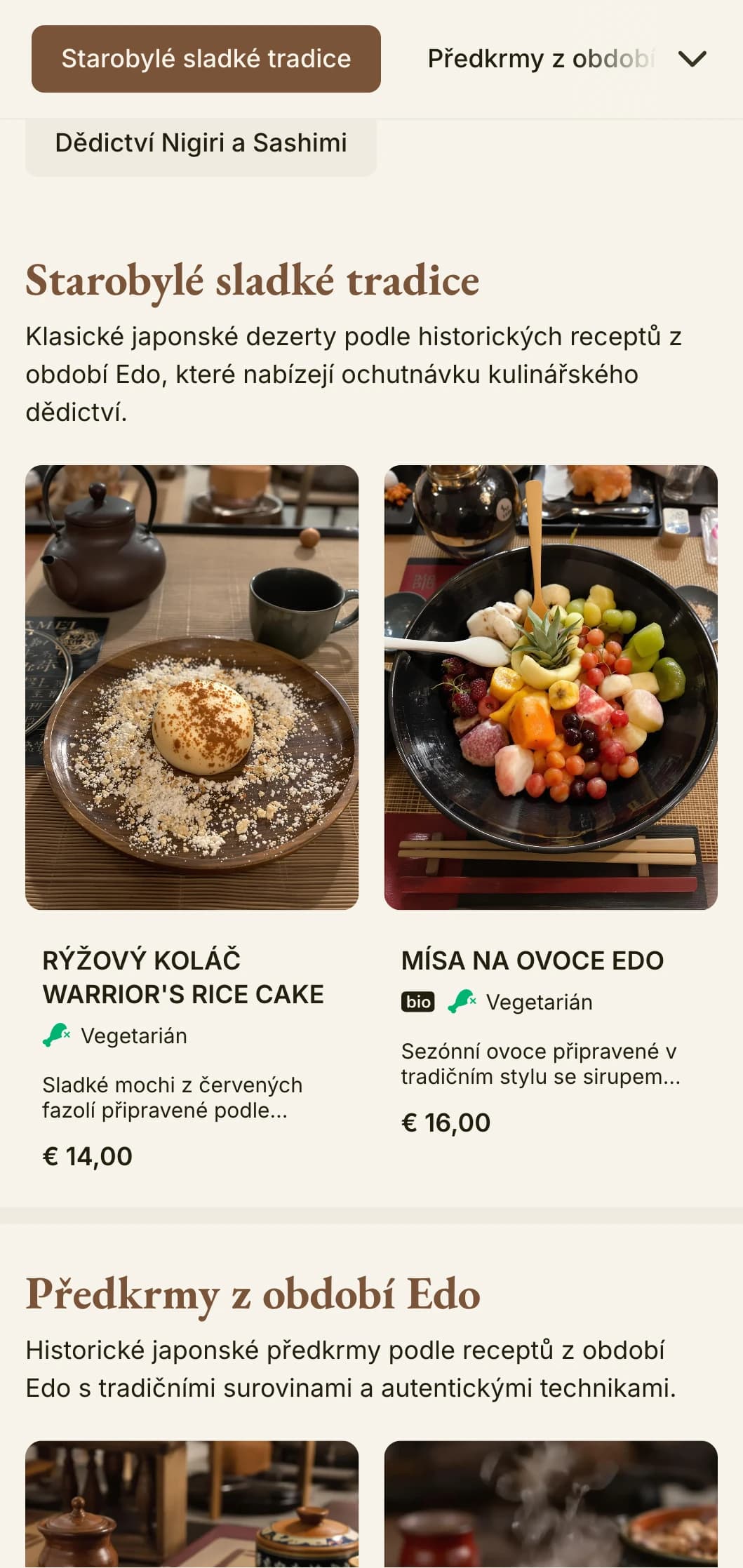Historické menu sushi inspirované japonskou kuchyní s tradiční estetikou z období Edo a klasickou typografií.