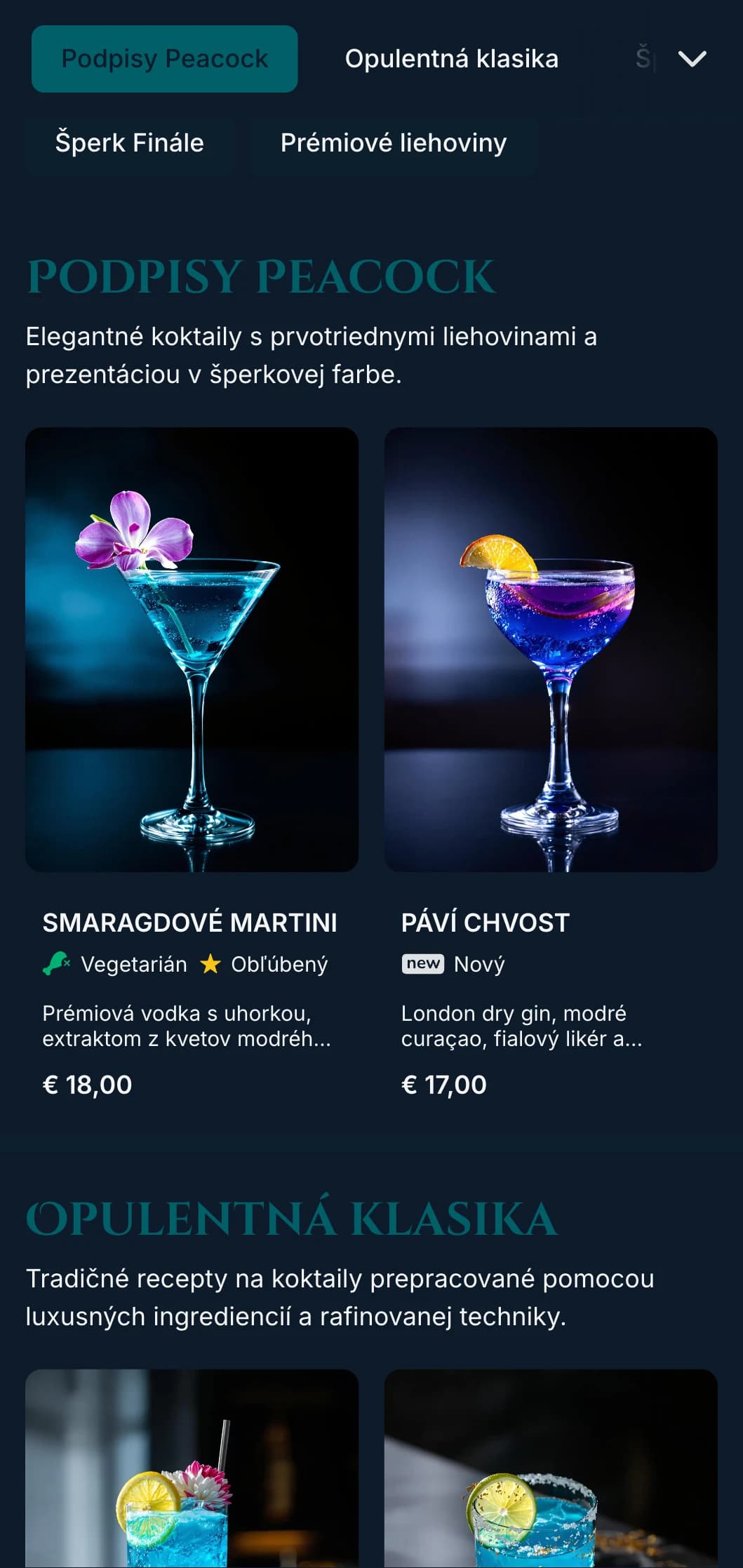 Luxusný dizajn v drahokamových tónoch pre luxusné koktailové salóniky s pávou modrou a smaragdovou farbou s elegantnou typografiou.