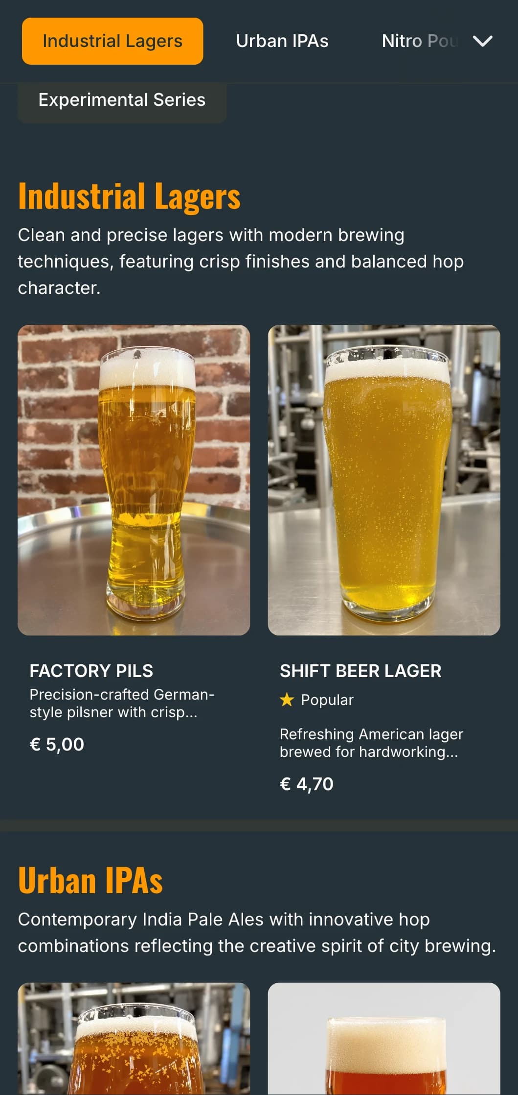 Industrial-inspired template with metal accents and urban aesthetics, ideal for city brewpubs and modern taprooms.