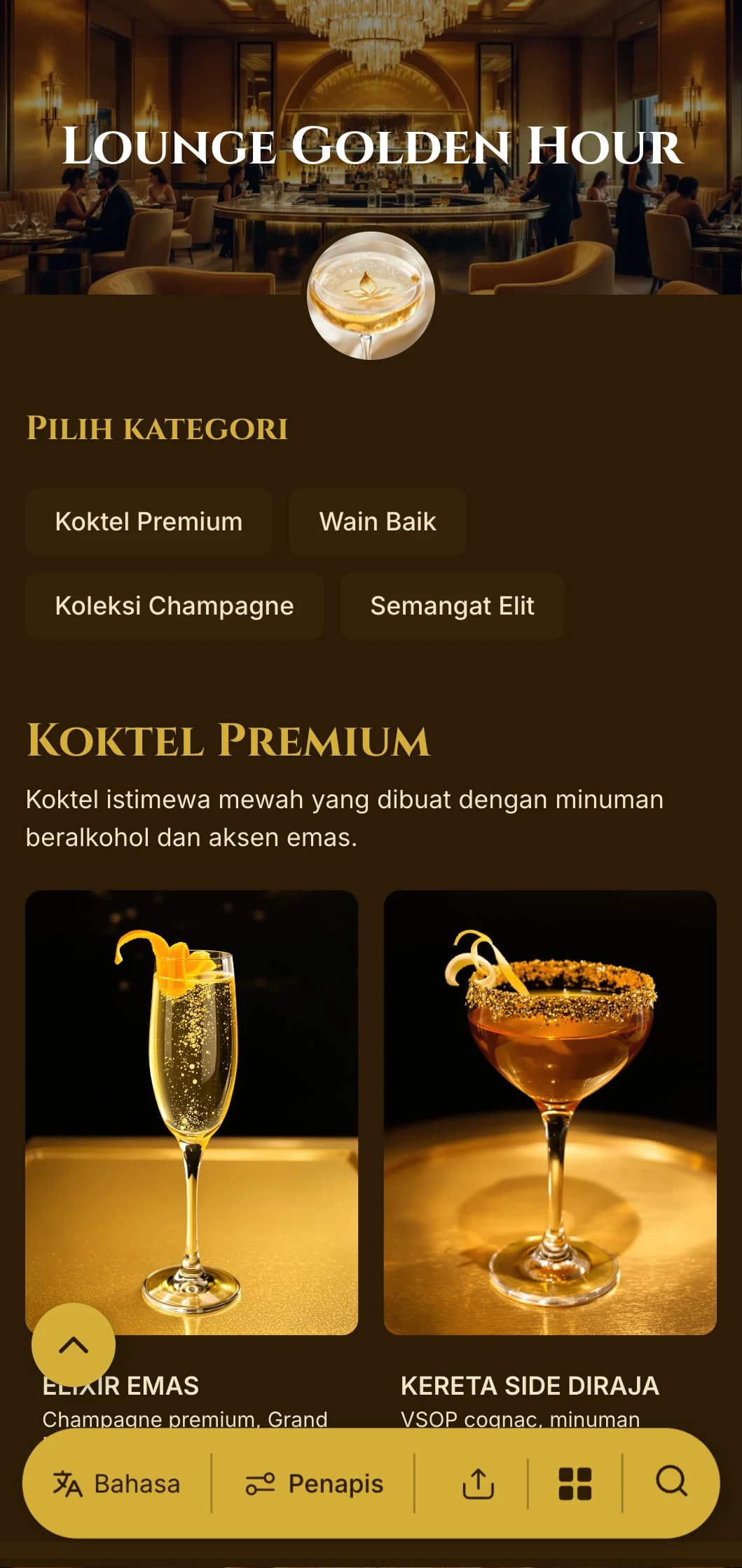Reka bentuk rona emas yang mewah untuk bar koktel premium dan ruang istirahat VIP.