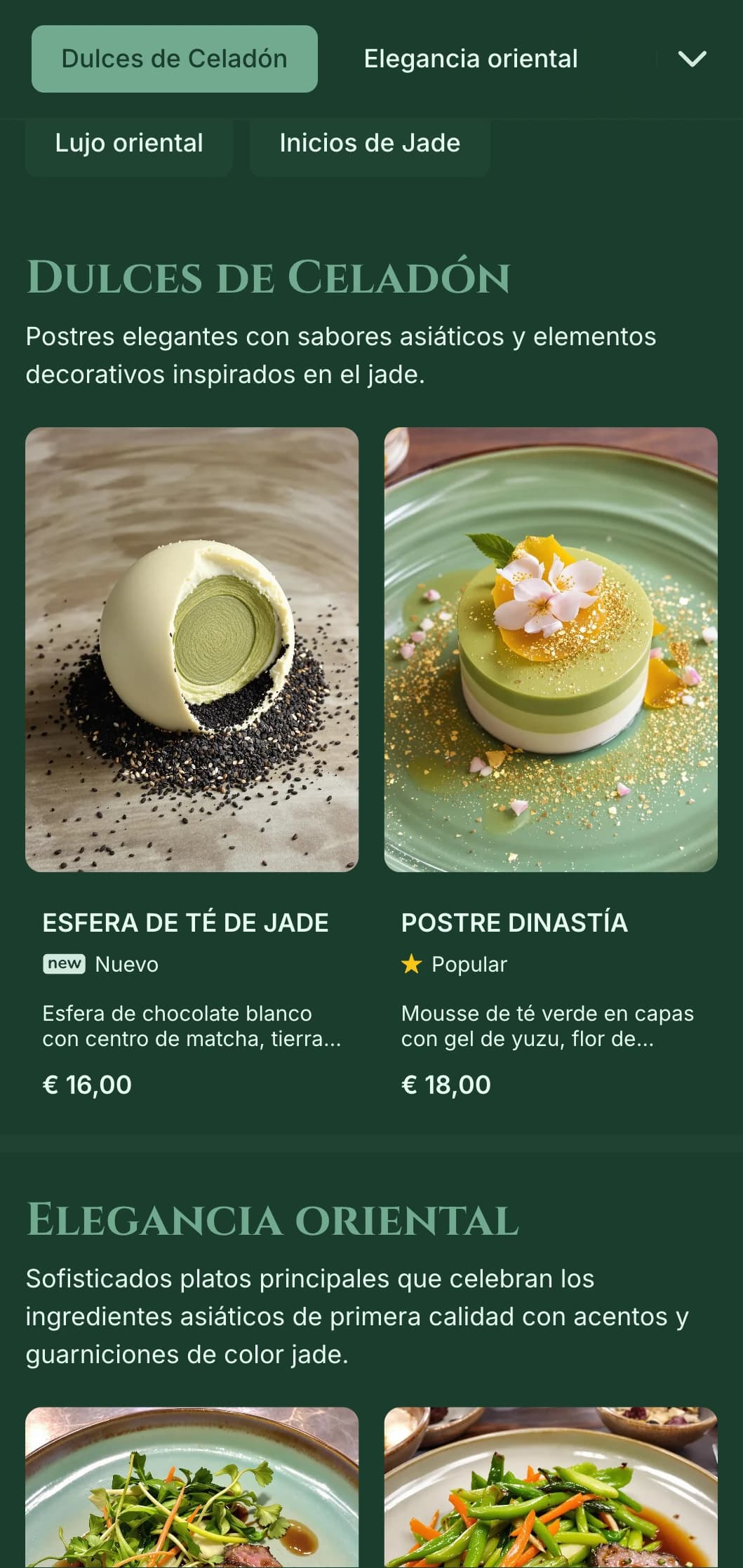 Sofisticado concepto de inspiración asiática con tonos verde jade y refinados elementos orientales.