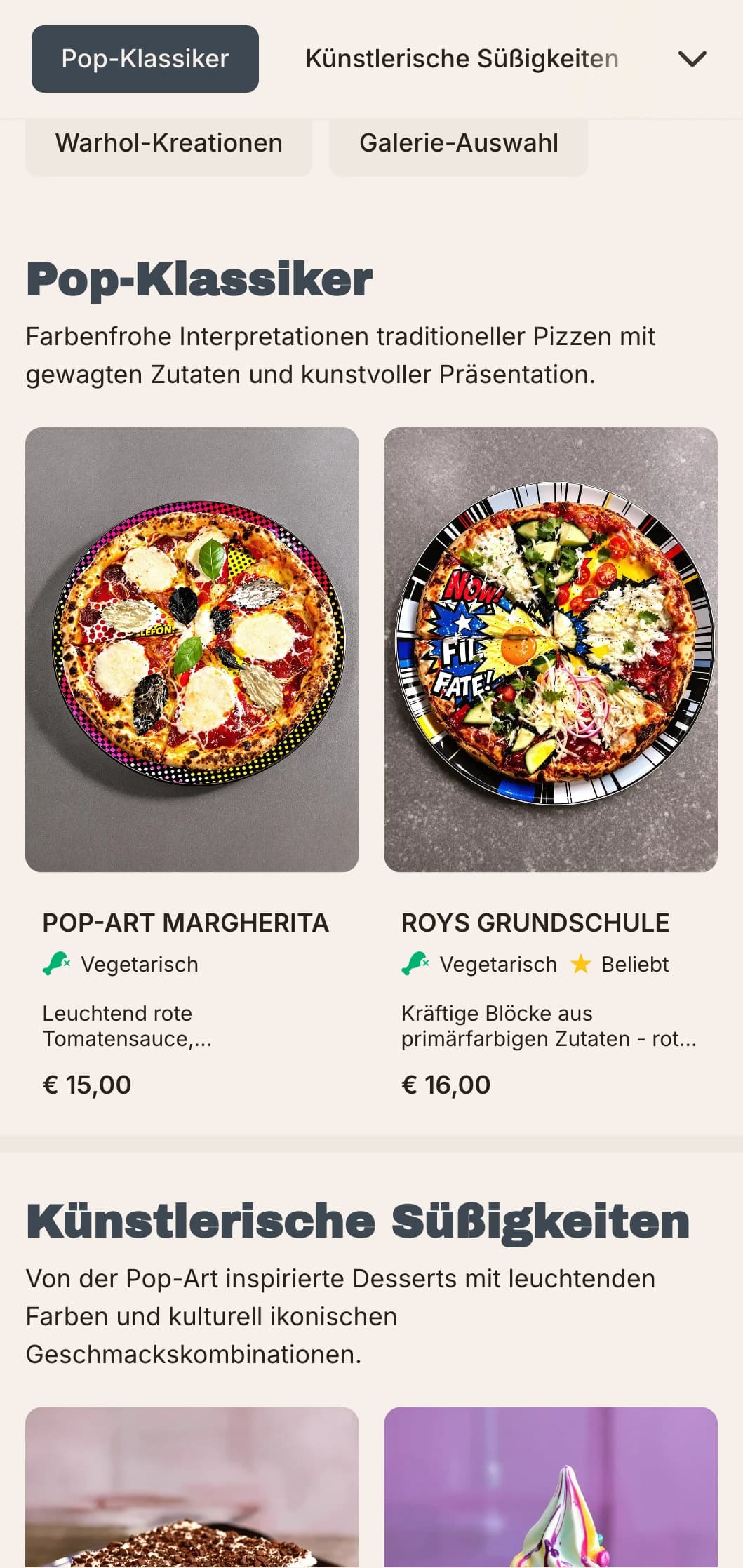Von Andy Warhol inspirierte Pizzakarte mit Pop-Art-Elementen und retro-moderner Ästhetik.