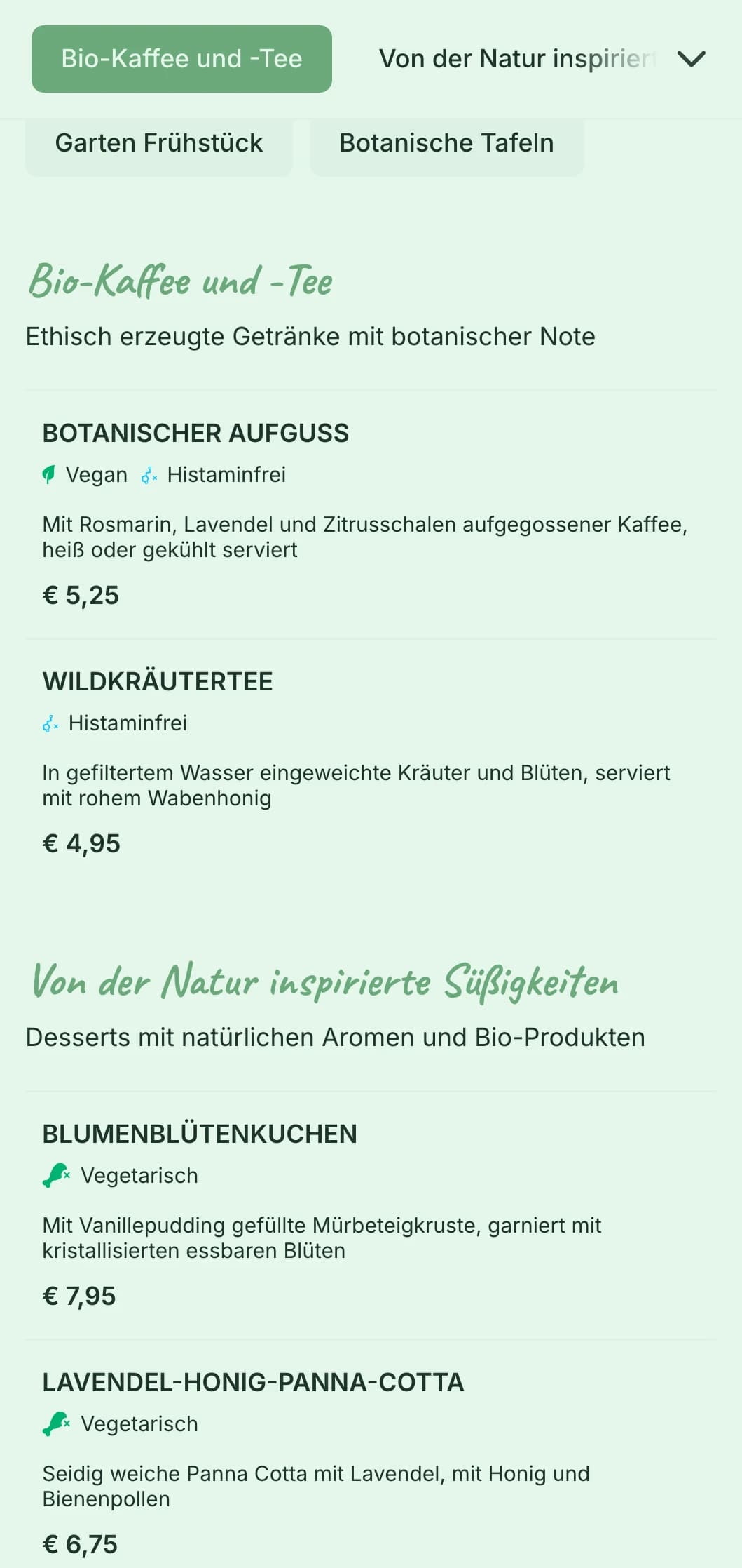 Frisches grünes Design mit botanischen Elementen für Gartencafés und Bio-Brunch-Lokale.