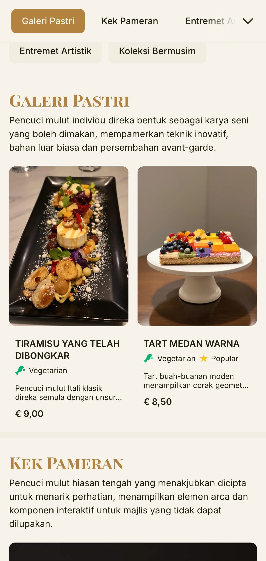 Reka bentuk menu bakeri yang diilhamkan oleh galeri dengan rona emas hangat dan tipografi canggih, sesuai untuk butik pencuci mulut dan patisseri artistik.