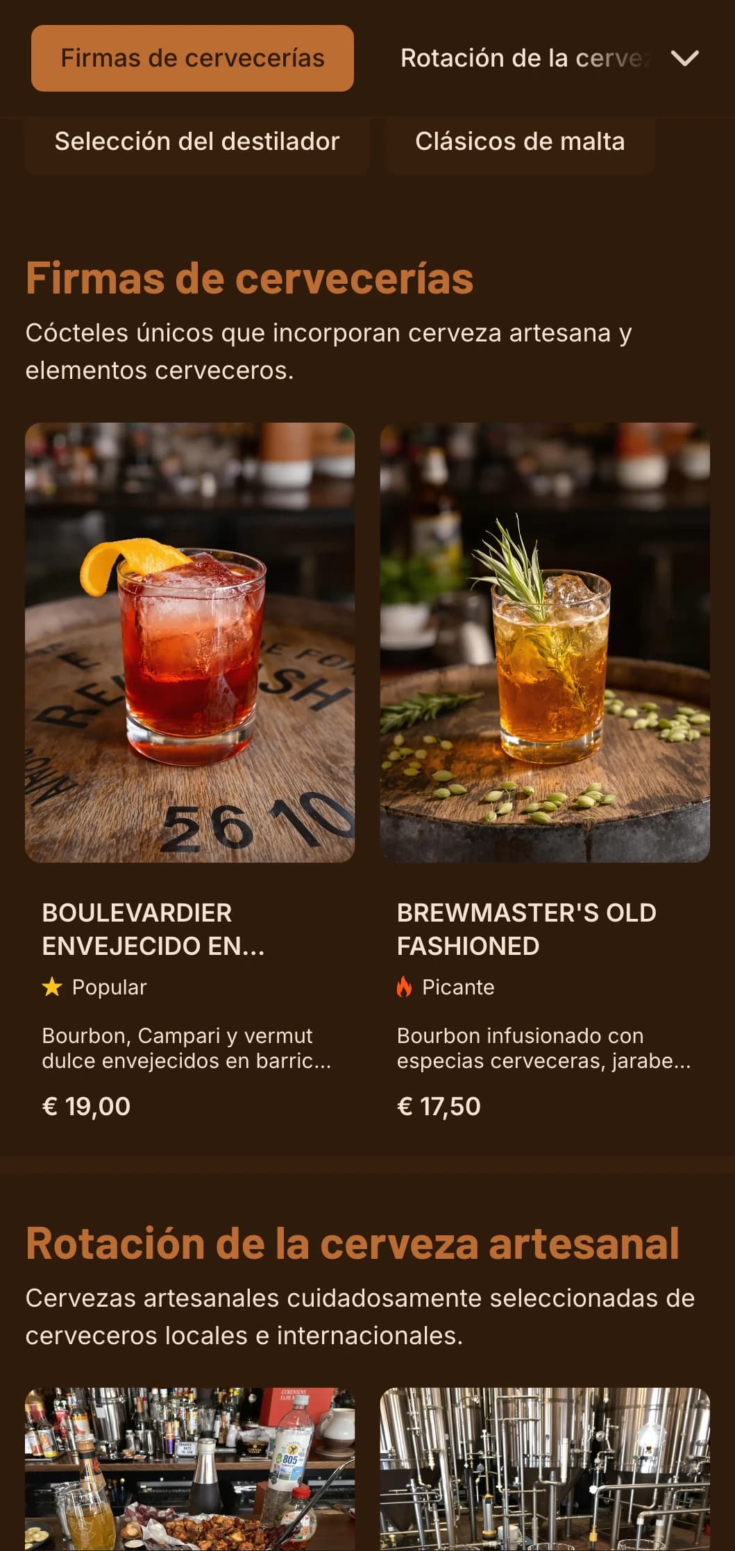 Diseño naranja cálido con elementos cerveceros para locales de cerveza artesanal y cócteles.