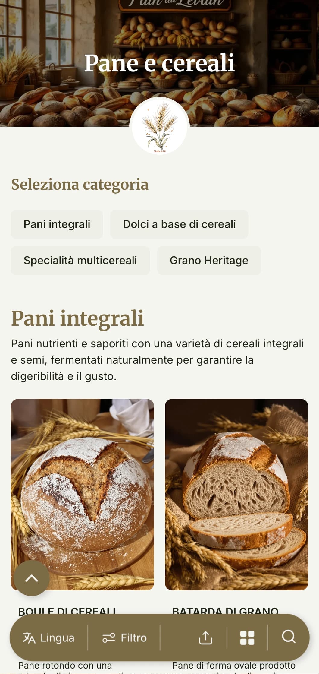 Un design di menu per panifici rustico e incentrato sui cereali, con toni di grano e tipografia tradizionale, ideale per panifici artigianali e specialisti di cereali integrali.