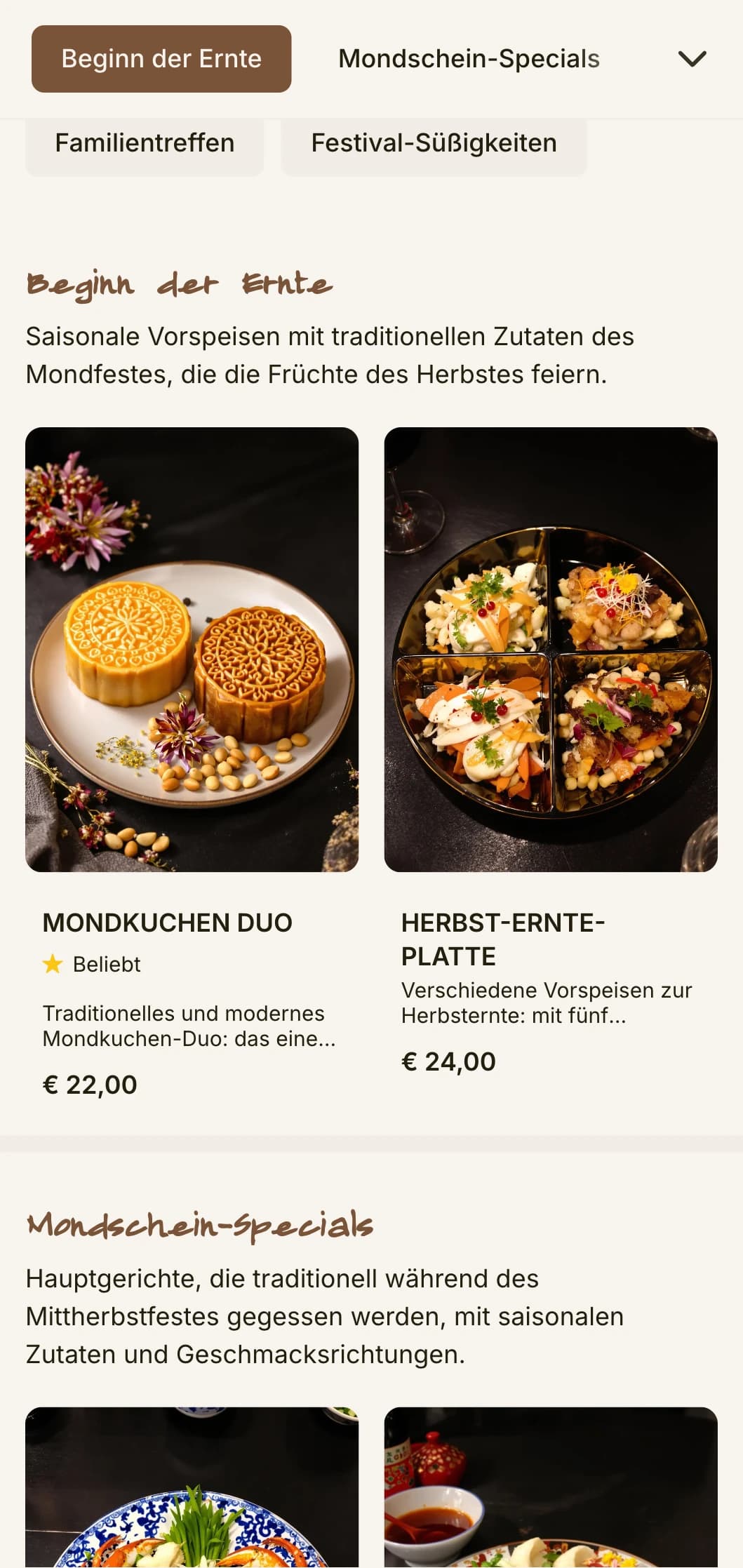 Elegantes chinesisches Menüdesign, inspiriert durch das Mittherbstfest, mit Mondkuchenmotiven und traditionellen Mustern für saisonale Spezialitäten.
