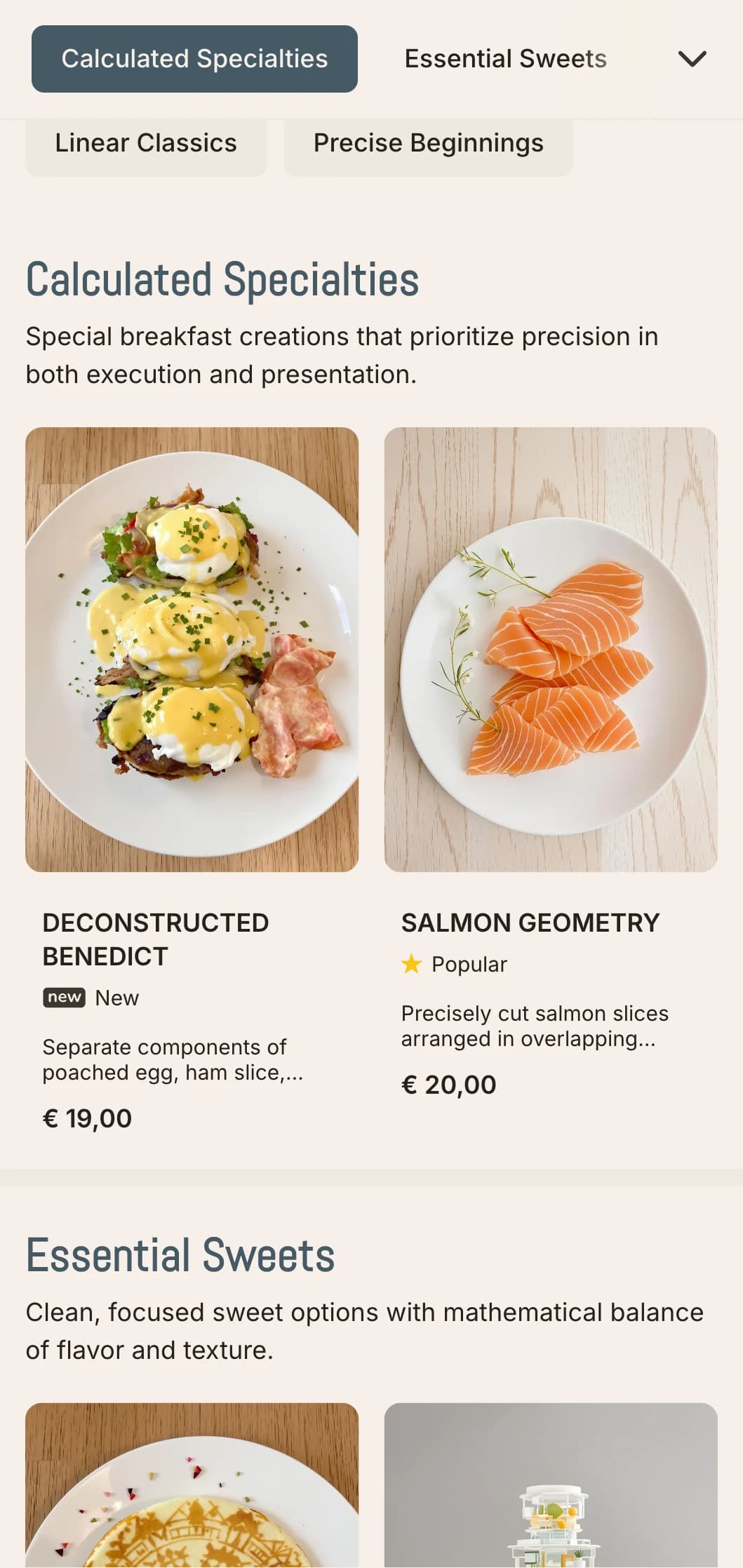 Clean, precisely arranged breakfast options with minimalist presentation and carefully balanced flavors.