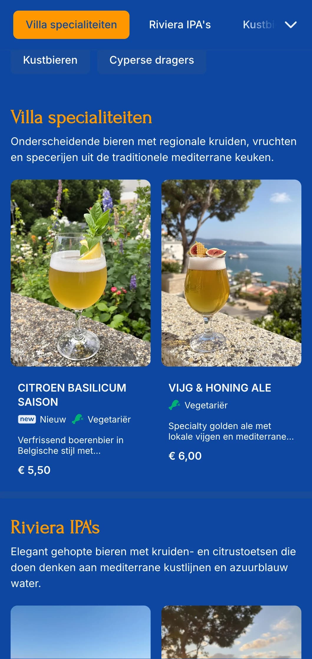 Helder en luchtig ontwerp geïnspireerd door mediterrane kuststijlen, perfect voor brouwerijen aan zee en vakantiebestemmingen.