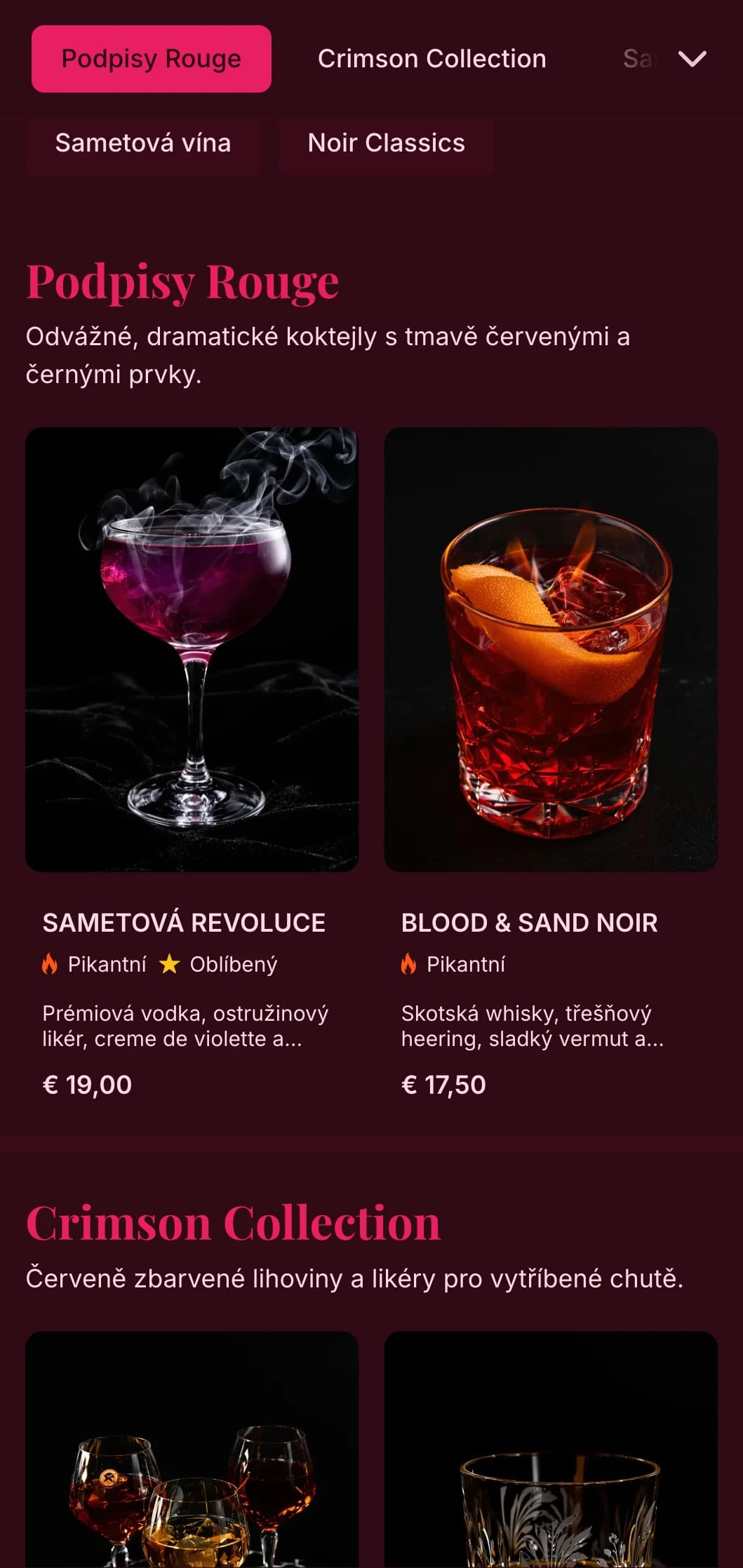 Odvážný černo-červený design s luxusními texturami pro dramatické koktejlové zážitky.