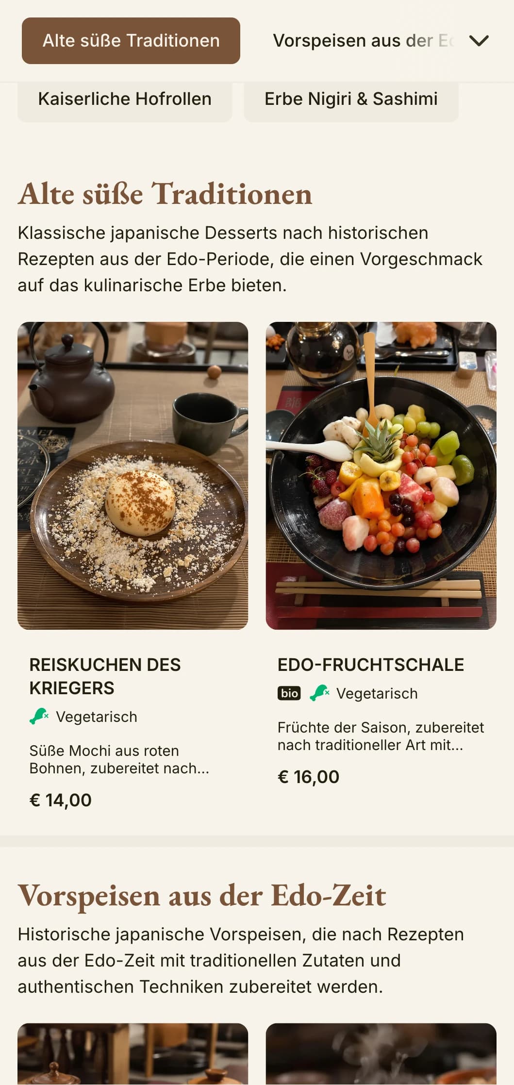 Historisches, japanisch inspiriertes Sushi-Menü in traditioneller Edo-Zeit-Ästhetik mit klassischer Typografie.
