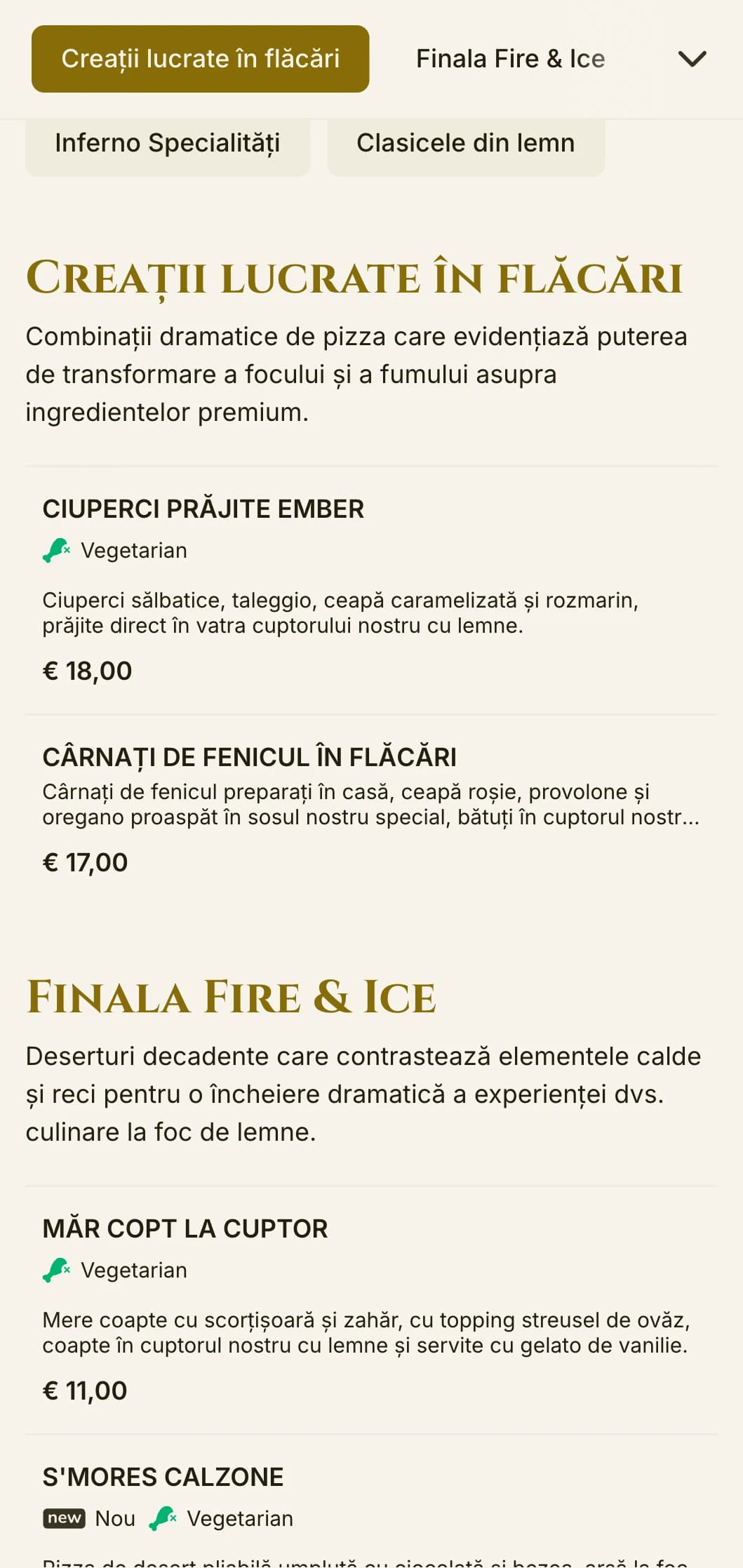 Meniu de pizza dramatic, cu culori bogate și tipografie îndrăzneață pentru specialiștii în arderea lemnului.