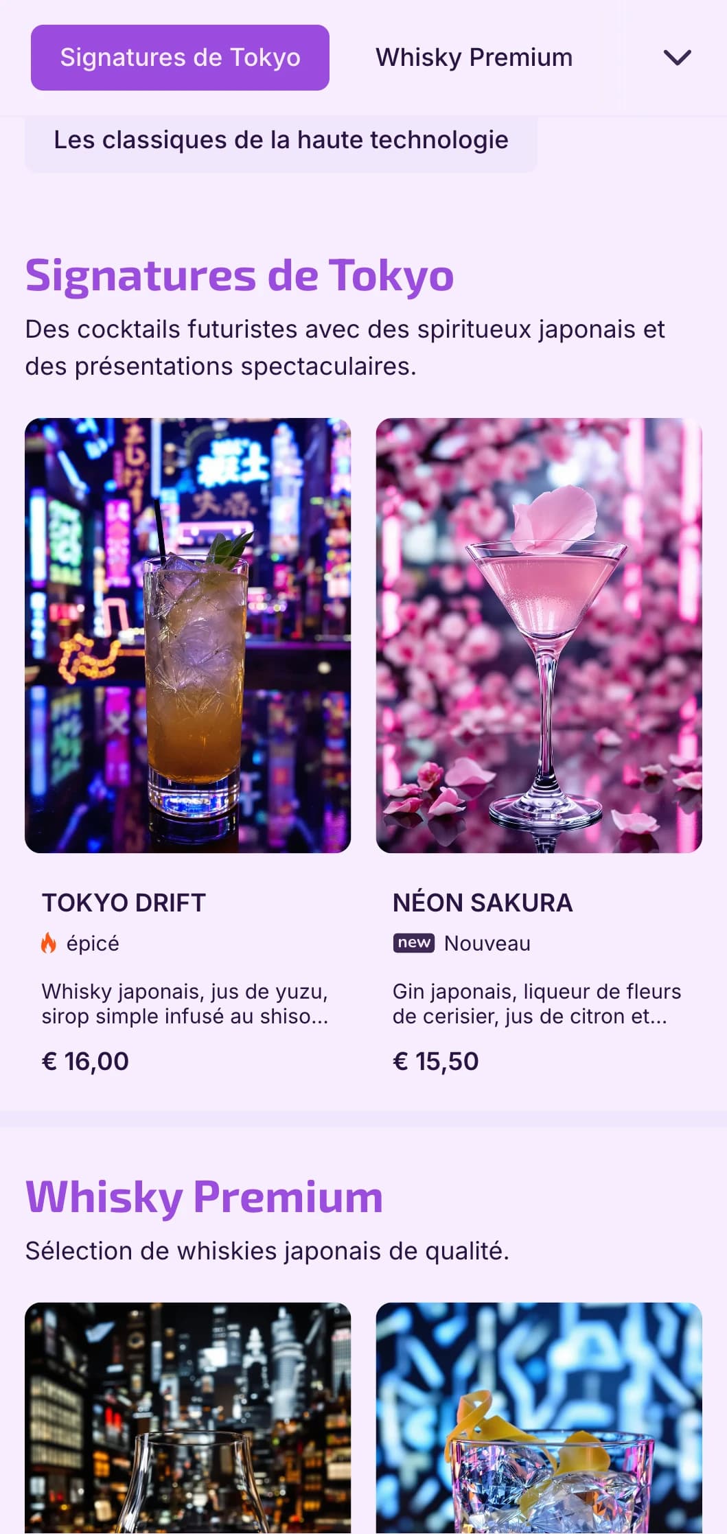 Design violet et noir profond avec des éléments technologiques pour les bars futuristes d'inspiration japonaise.