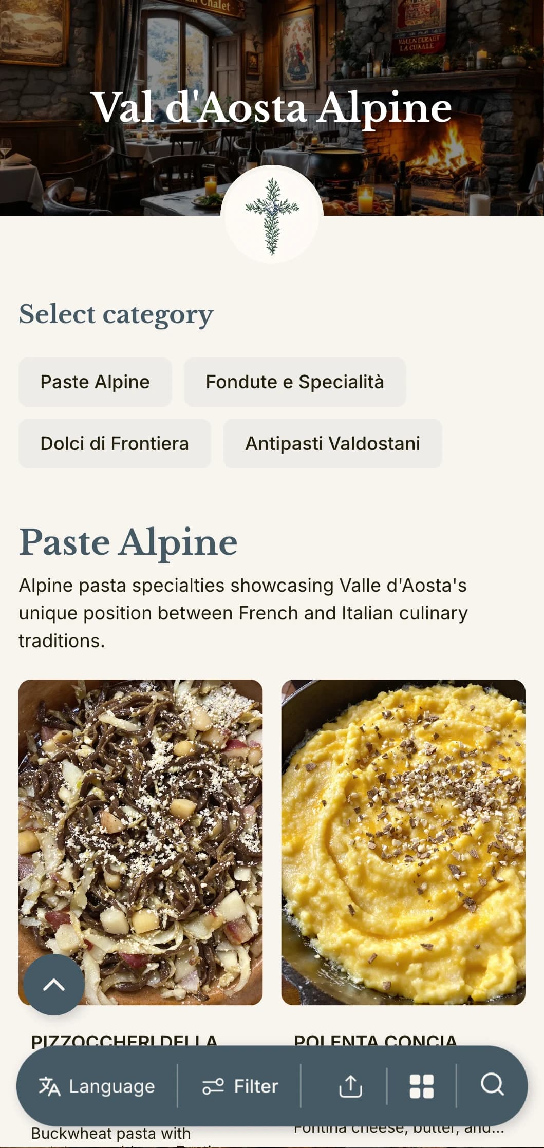 Mountain-inspired design celebrating the French-Italian fusion cuisine of Italy's smallest alpine region.
