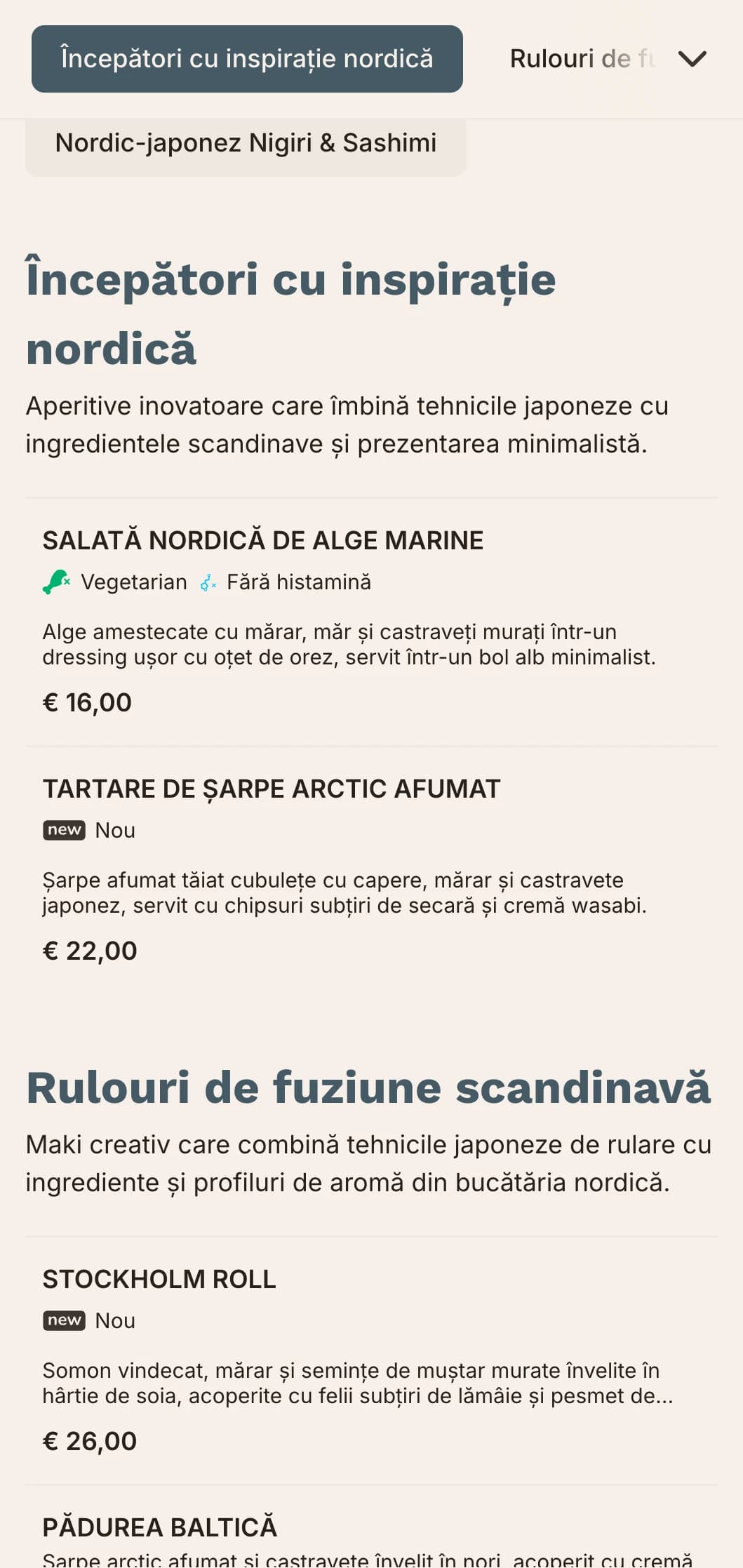 Meniu sushi fusion contemporan care combină tradițiile japoneze cu minimalismul scandinav, cu linii curate și albastru discret.