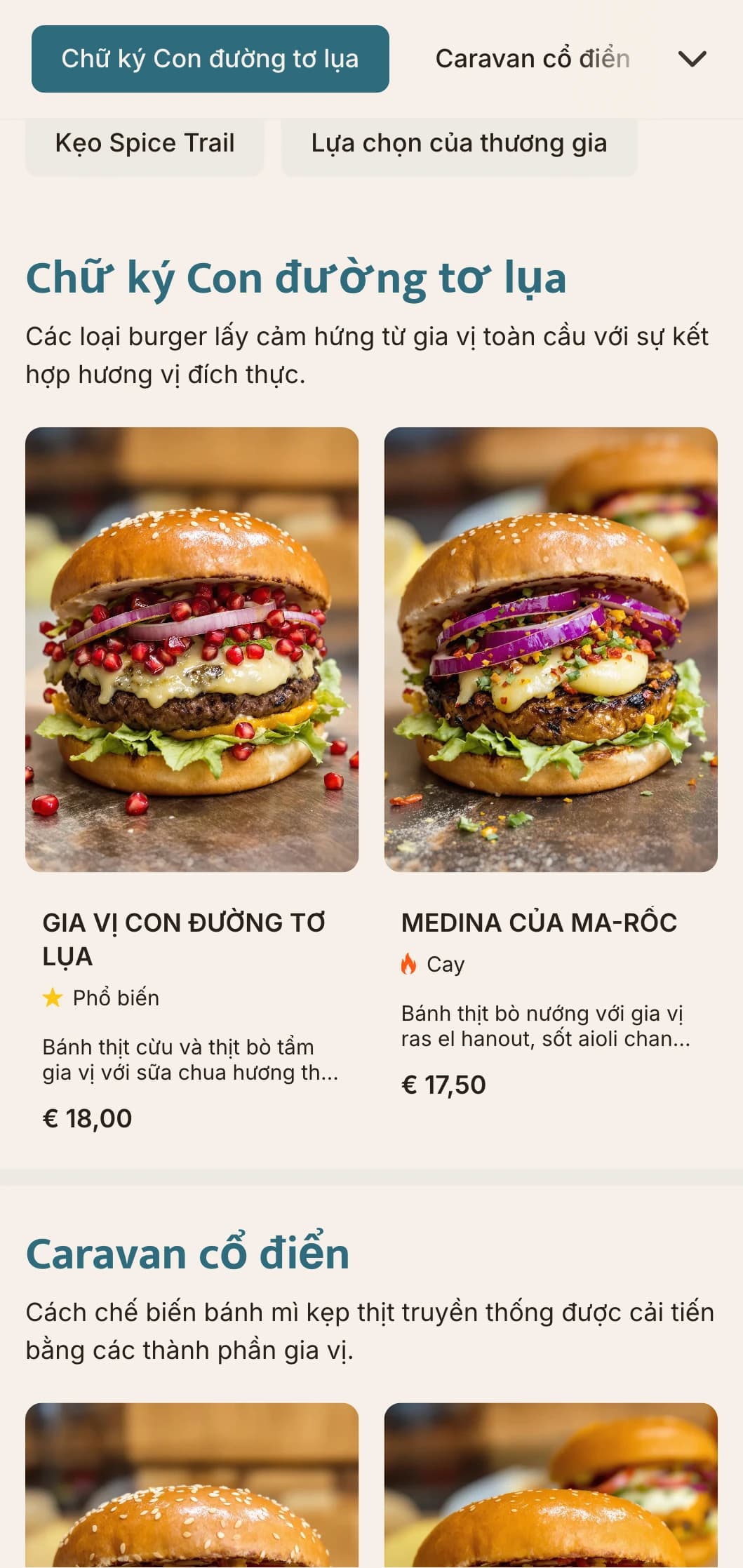 Thực đơn burger lấy cảm hứng từ thương mại gia vị với hương vị đặc trưng toàn cầu và tham khảo lịch sử.