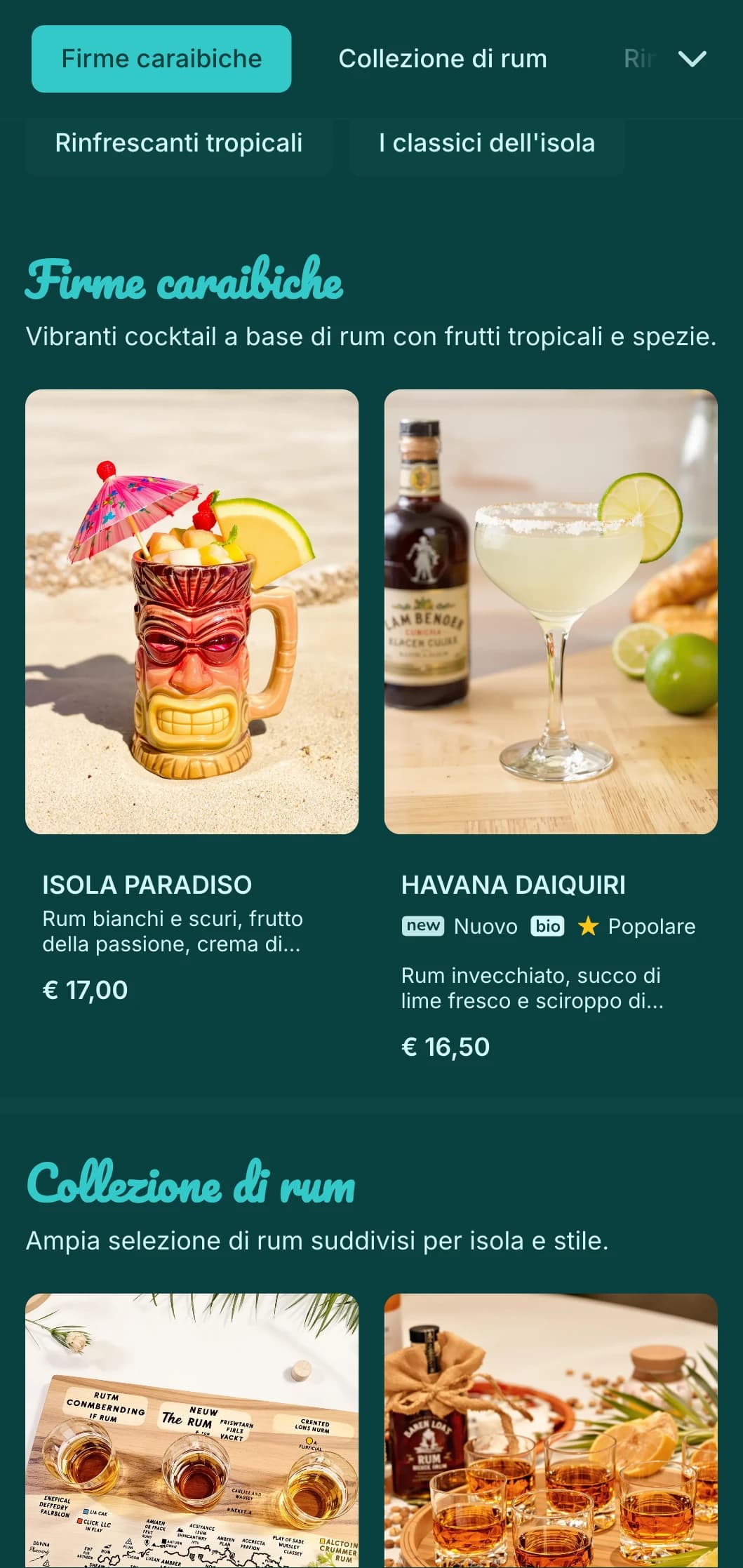 Design turchese brillante con elementi festosi per i bar sulla spiaggia che amano il rum.
