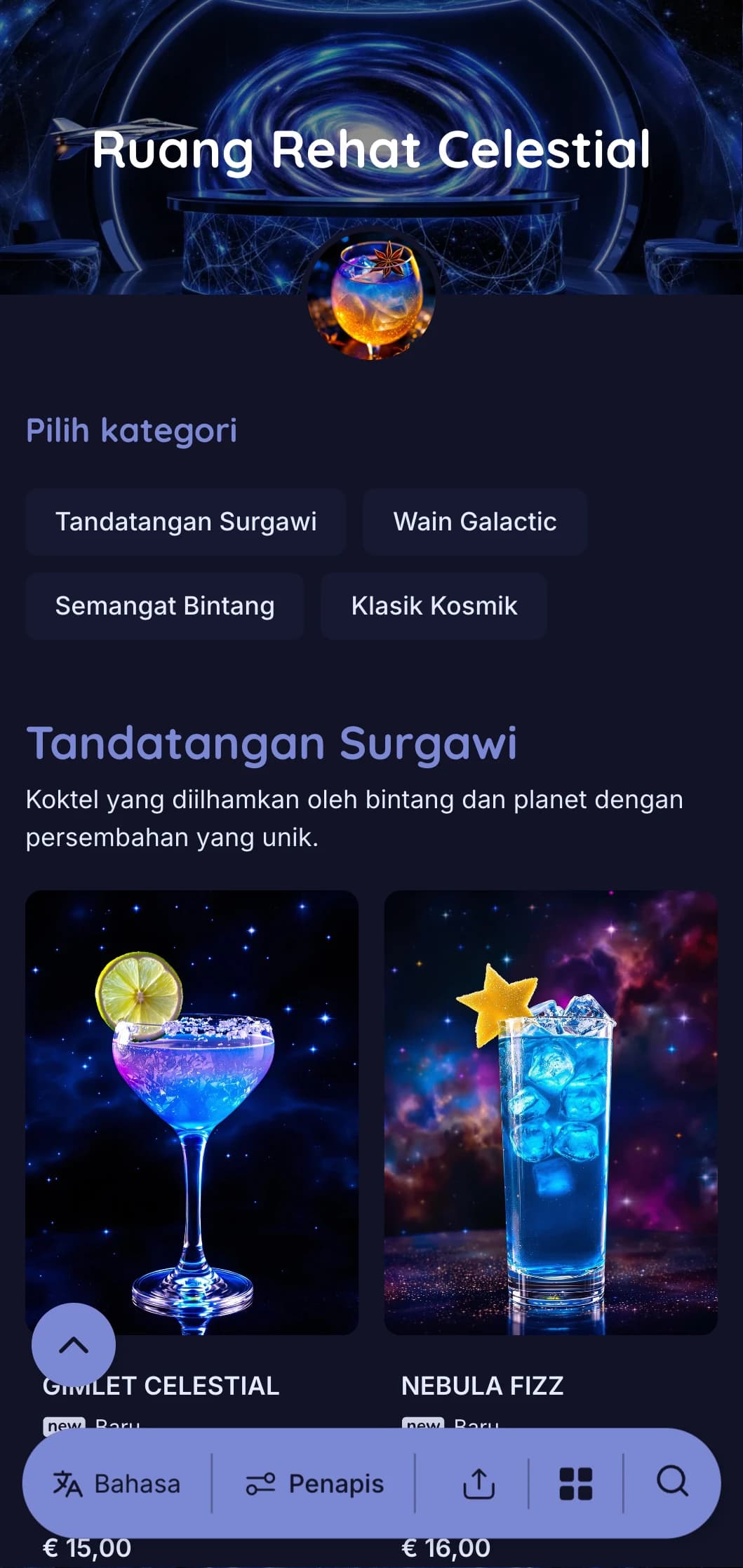 Reka bentuk biru yang diilhamkan oleh bintang dengan unsur angkasa untuk bar koktel bertemakan angkasa.