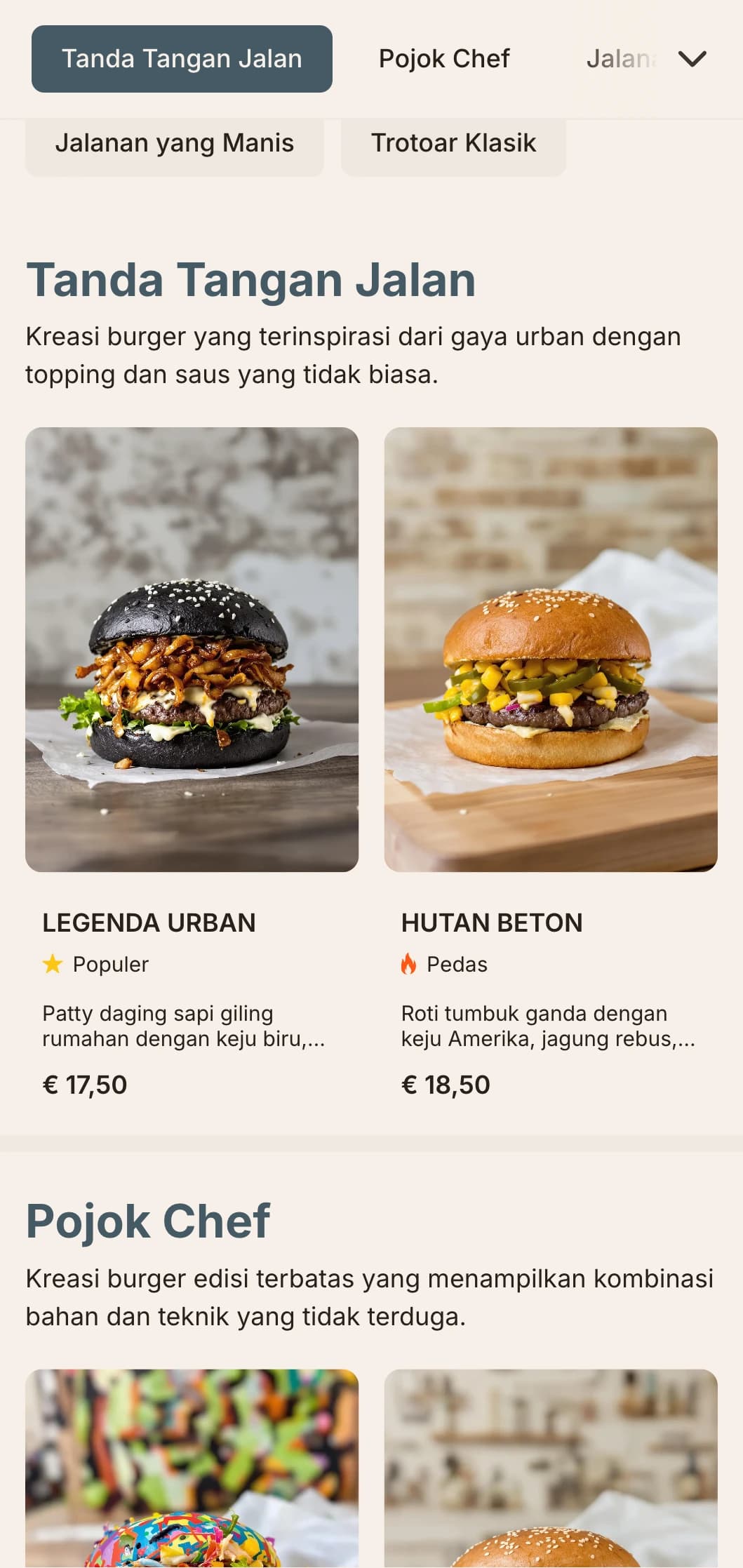 Desain yang terinspirasi dari makanan jalanan perkotaan dengan kontras yang mencolok dan elemen seni jalanan untuk pengalaman burger kasual kontemporer.