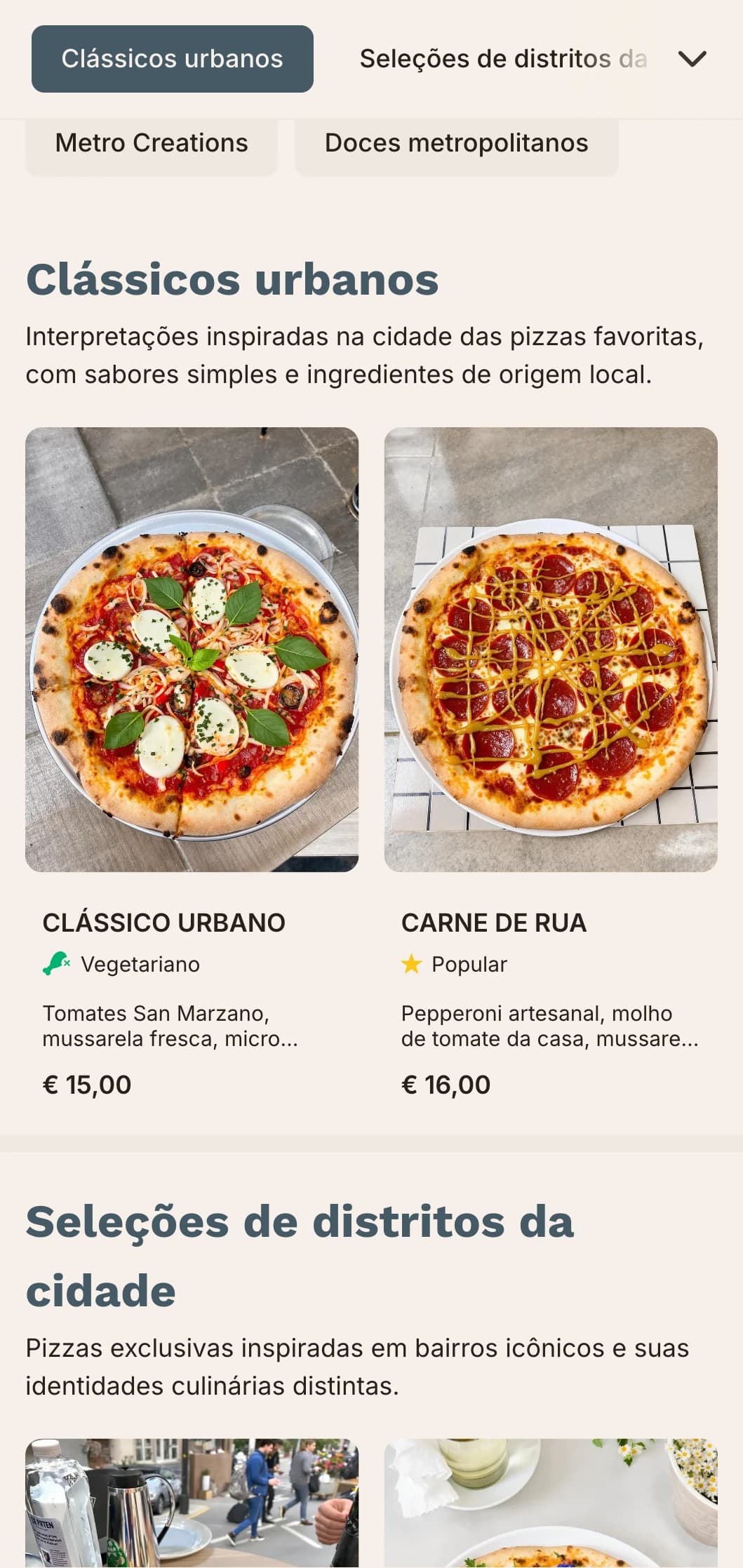 Menu de pizza metropolitana urbana com linhas limpas e design contemporâneo para locais na cidade.