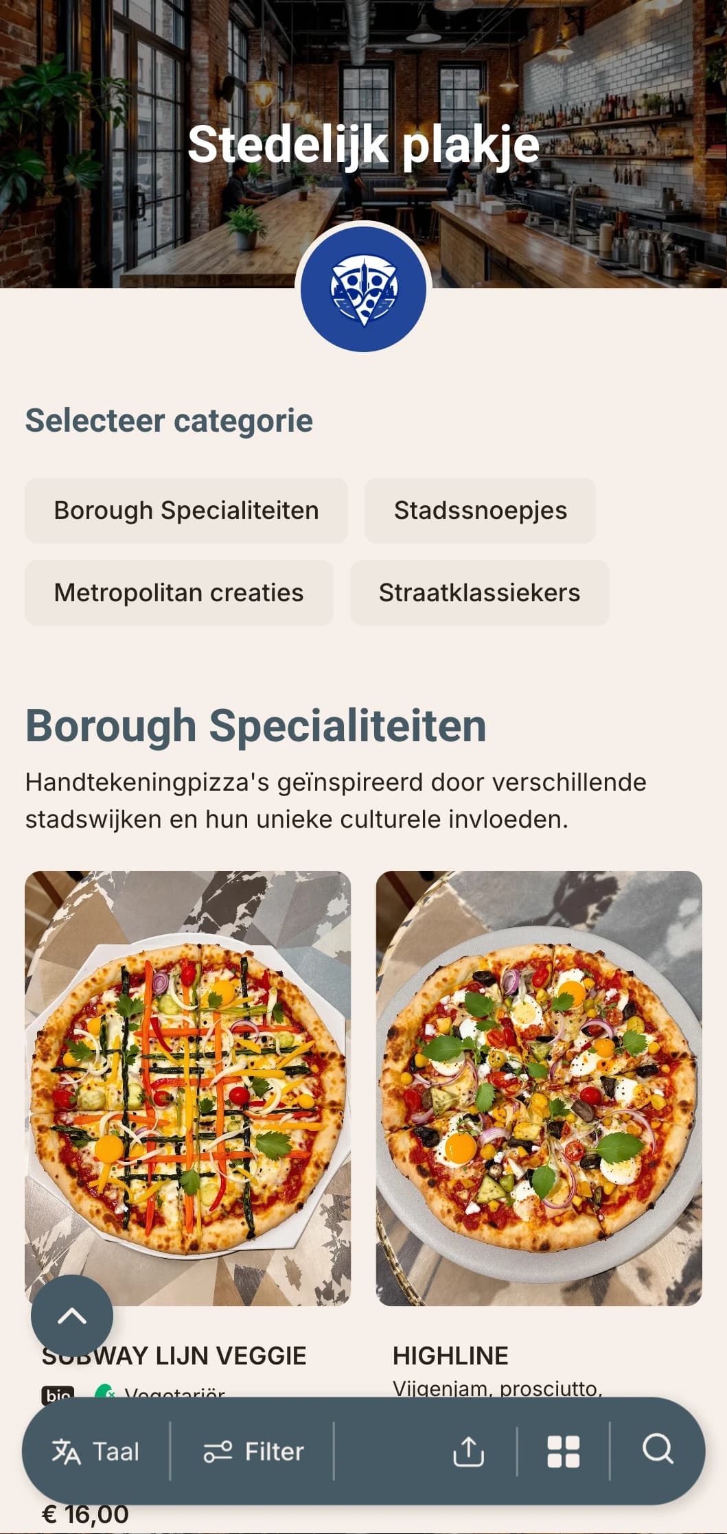Urban eigentijds pizzamenu met industriële designelementen, perfect voor pizzeria's in stadscentra.
