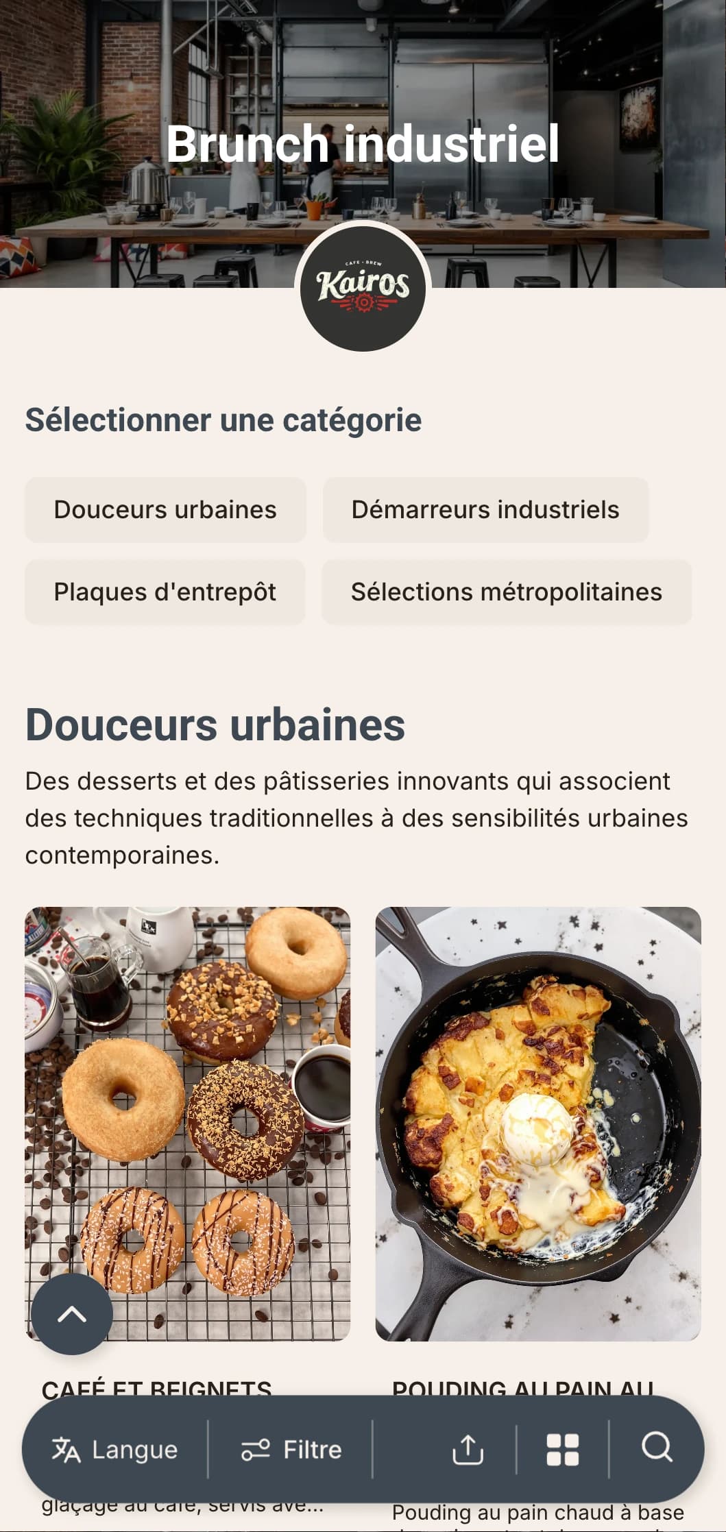 Modèle de brunch urbain brut avec des éléments de design industriel, adapté aux cafés-entrepôts et aux espaces aménagés.