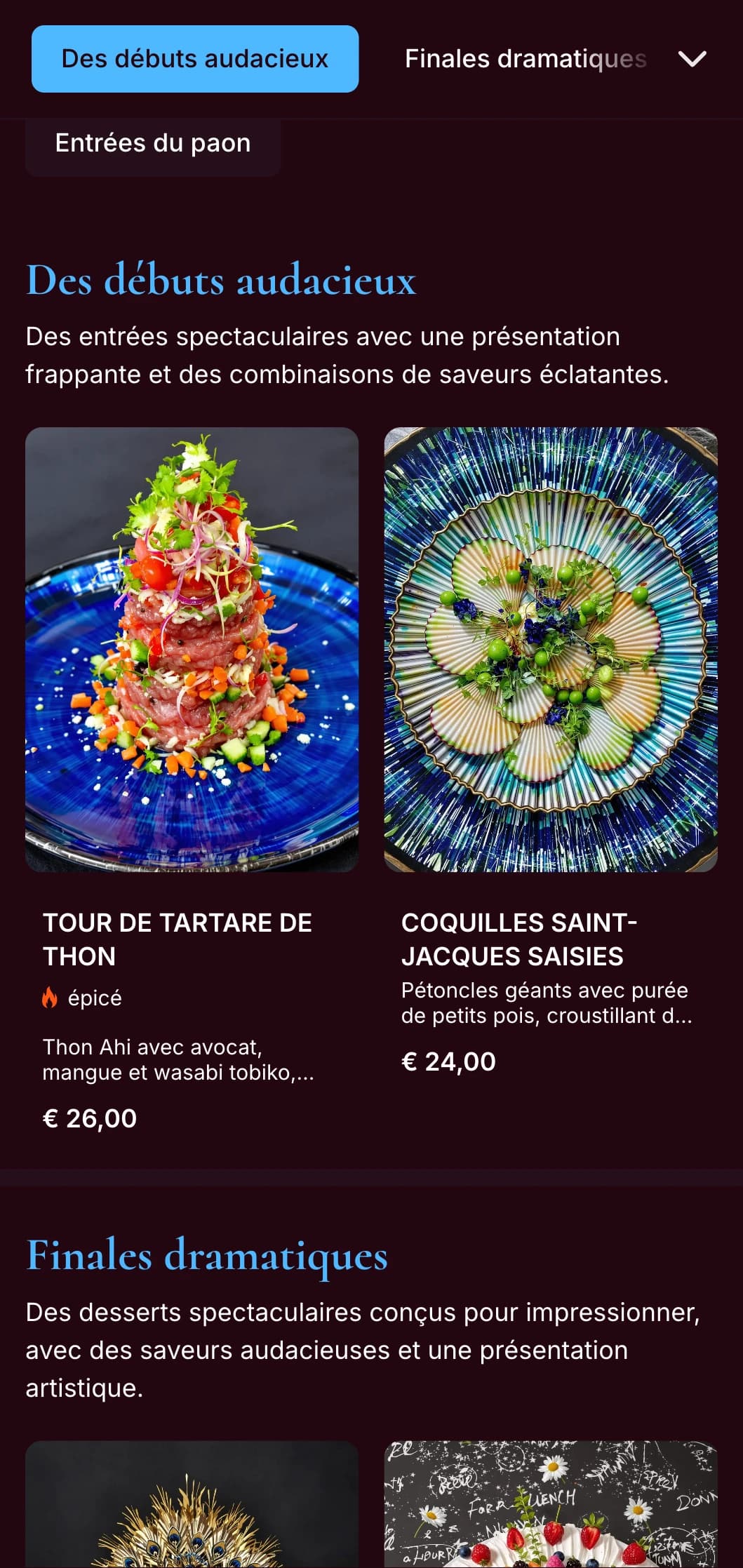Un menu bleu paon saisissant avec de riches tons de bijoux et un style dramatique, conçu pour les restaurants au caractère audacieux.