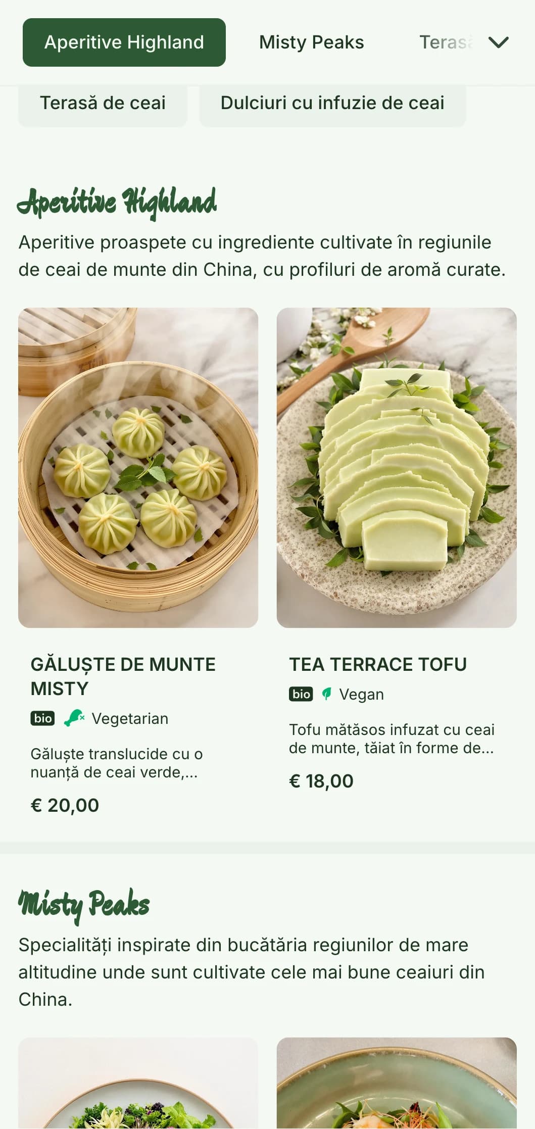 Meniu chinezesc cu design senin, inspirat de plantațiile de ceai de munte, cu elemente proaspete pentru bucătăria inspirată din ceai.