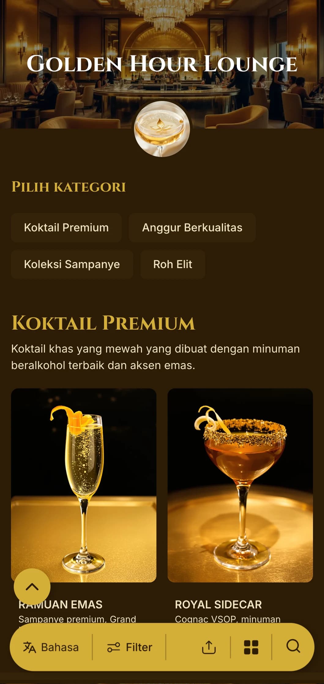 Desain bernuansa emas yang mewah untuk bar koktail premium dan lounge VIP.