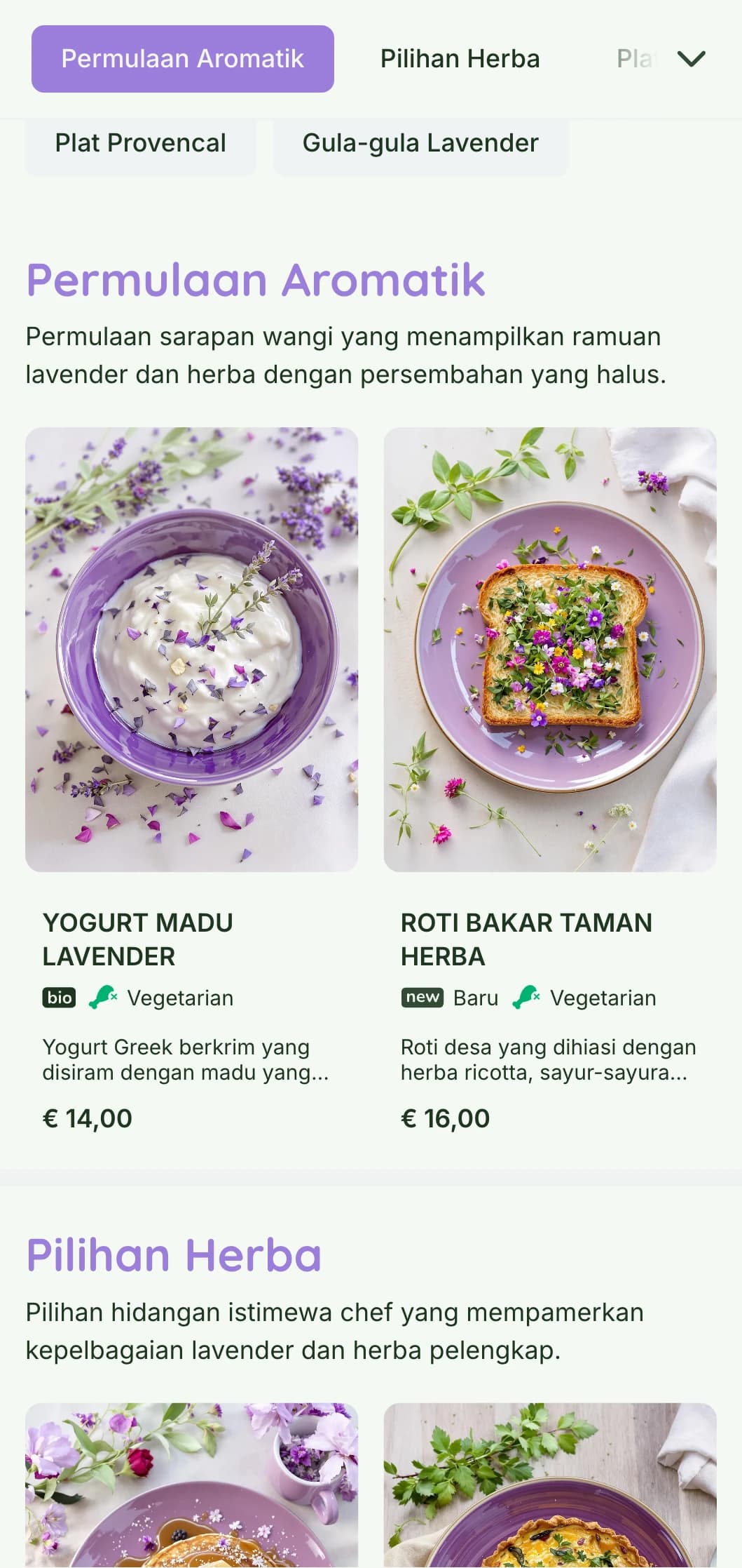 Templat makan tengah hari beraksen ungu yang harum diilhamkan oleh Provence, sesuai untuk kafe tertumpu herba dan tetapan taman.