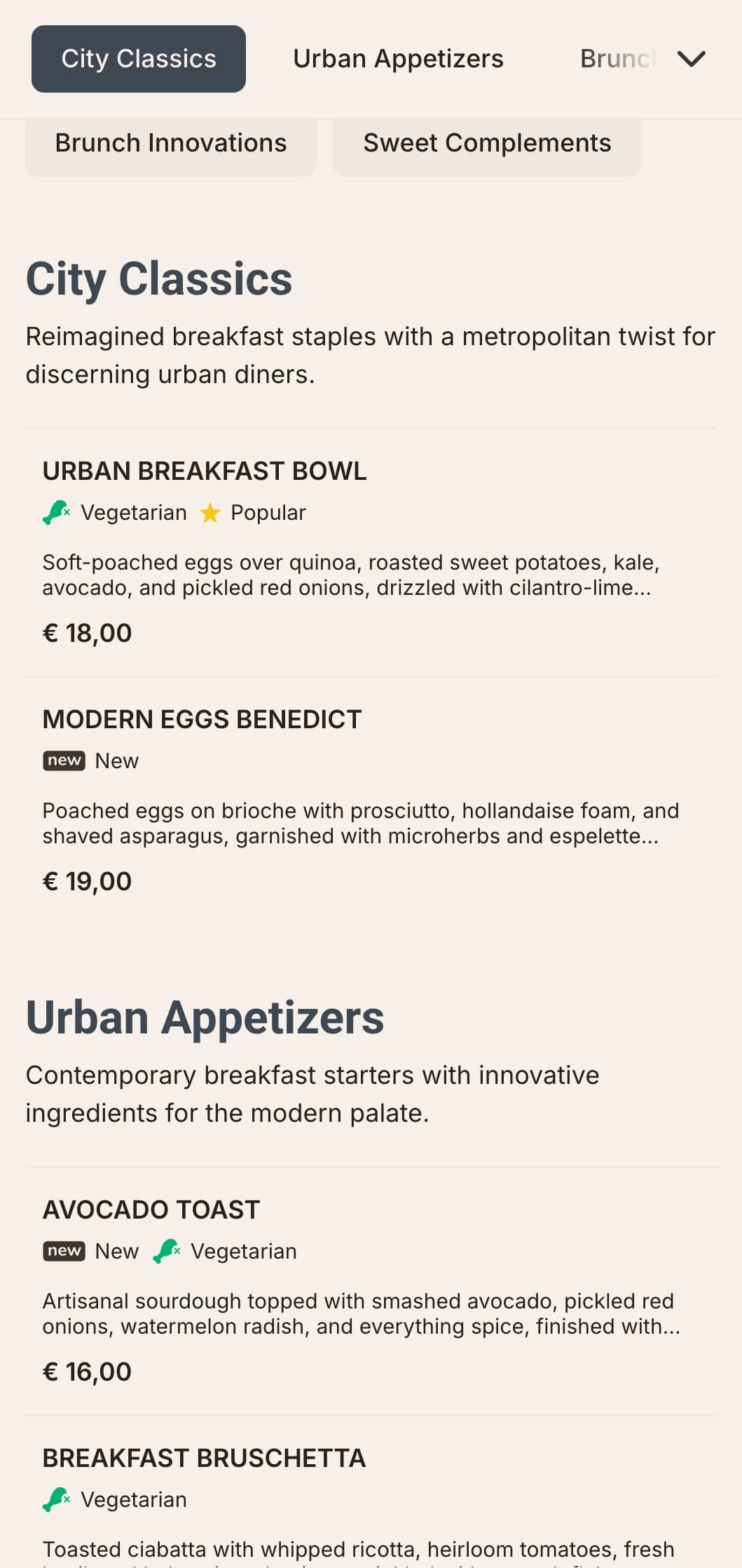 Sleek, contemporary breakfast options for the modern urbanite, featuring minimalist presentation and innovative flavor combinations.