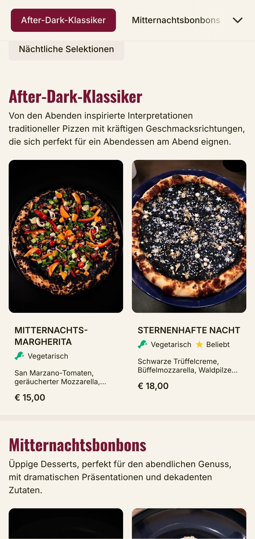 Pizzeria-Menü für die späten Abendstunden mit dunkler, stimmungsvoller Ästhetik für abendliche Esserlebnisse.