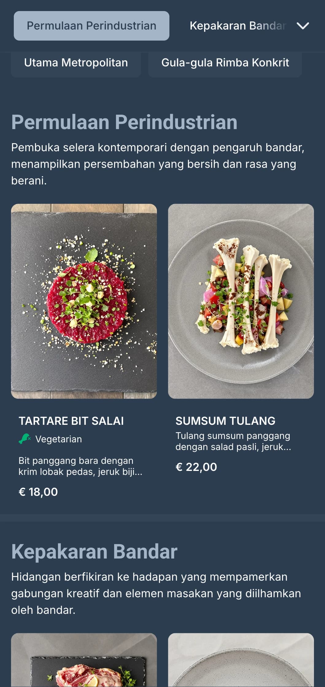 Menu makan malam kontemporari dengan elemen reka bentuk perindustrian dan estetika bandar, sesuai untuk gastropub bandar.
