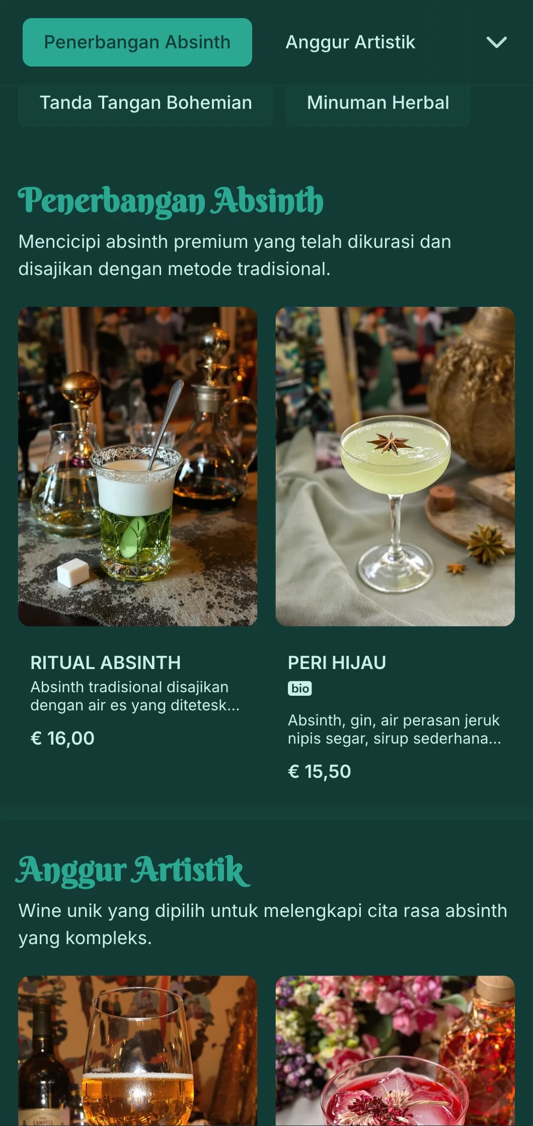 Desain hijau zamrud dengan elemen art nouveau untuk lounge absinth dan spirit.