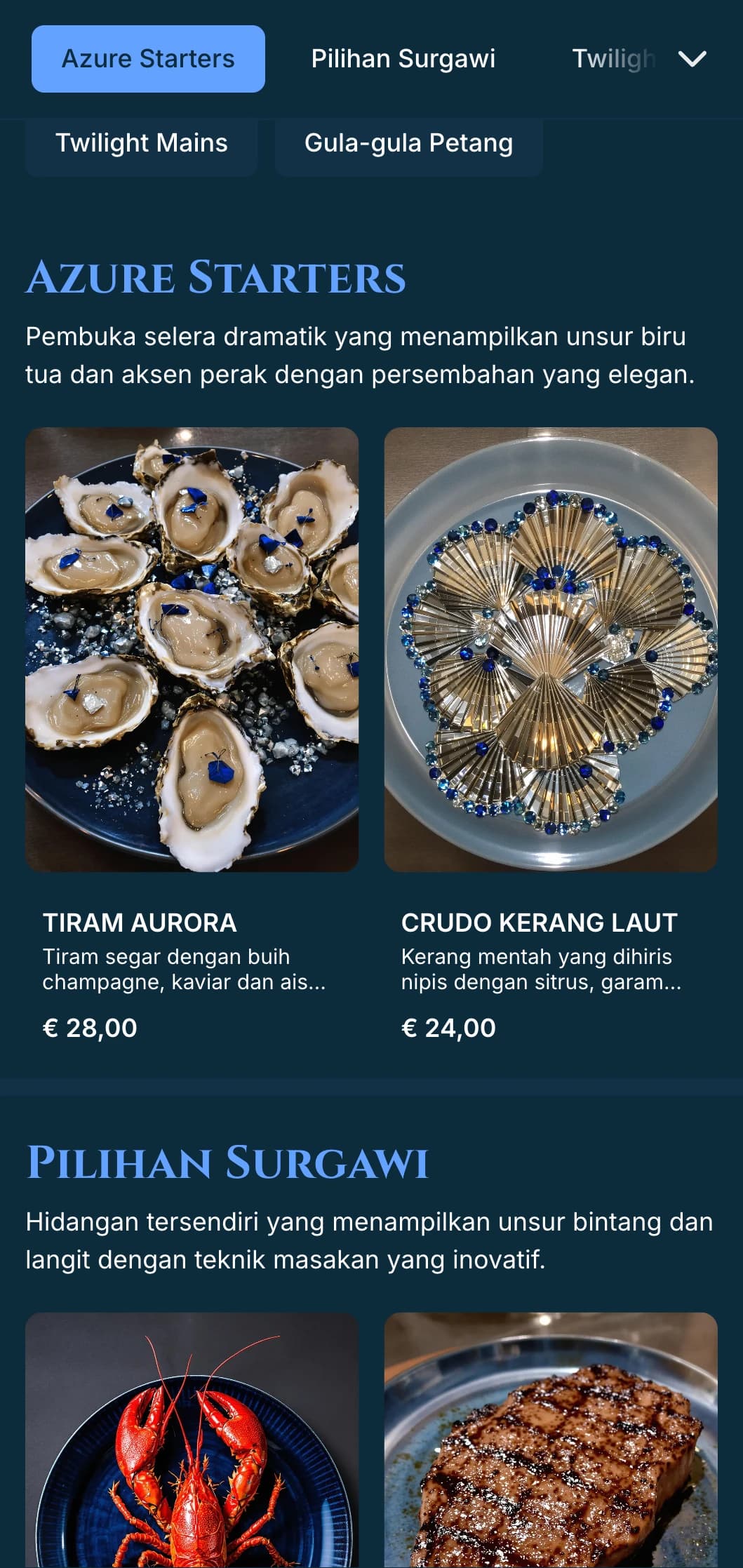 Menu makan malam biru pekat yang dramatik dengan inspirasi senja dan aksen perak, direka untuk makan malam yang canggih.