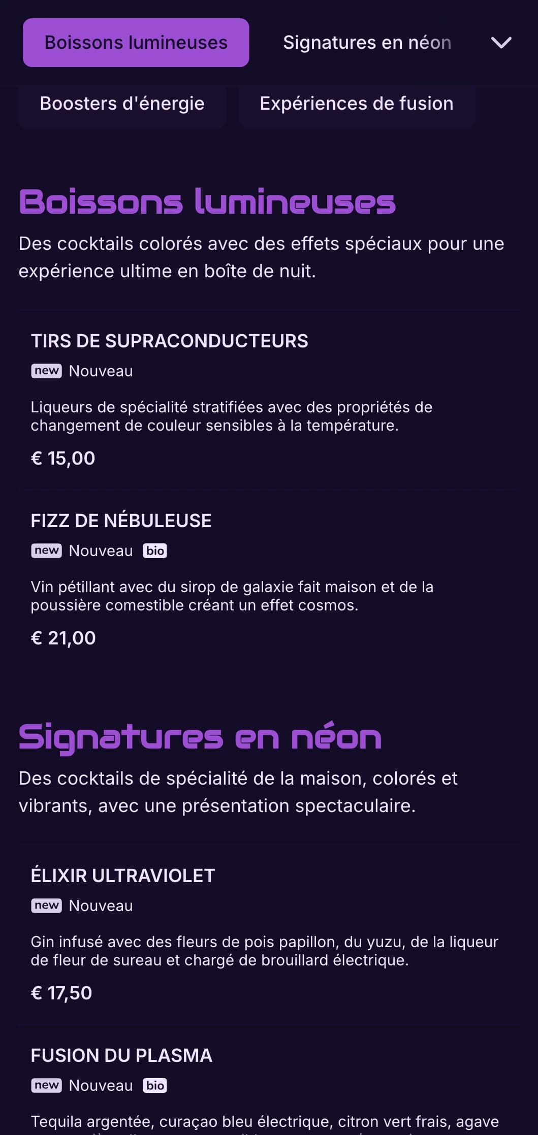 Design violet et noir très contrasté avec des éléments néon pour les bars à cocktails contemporains.