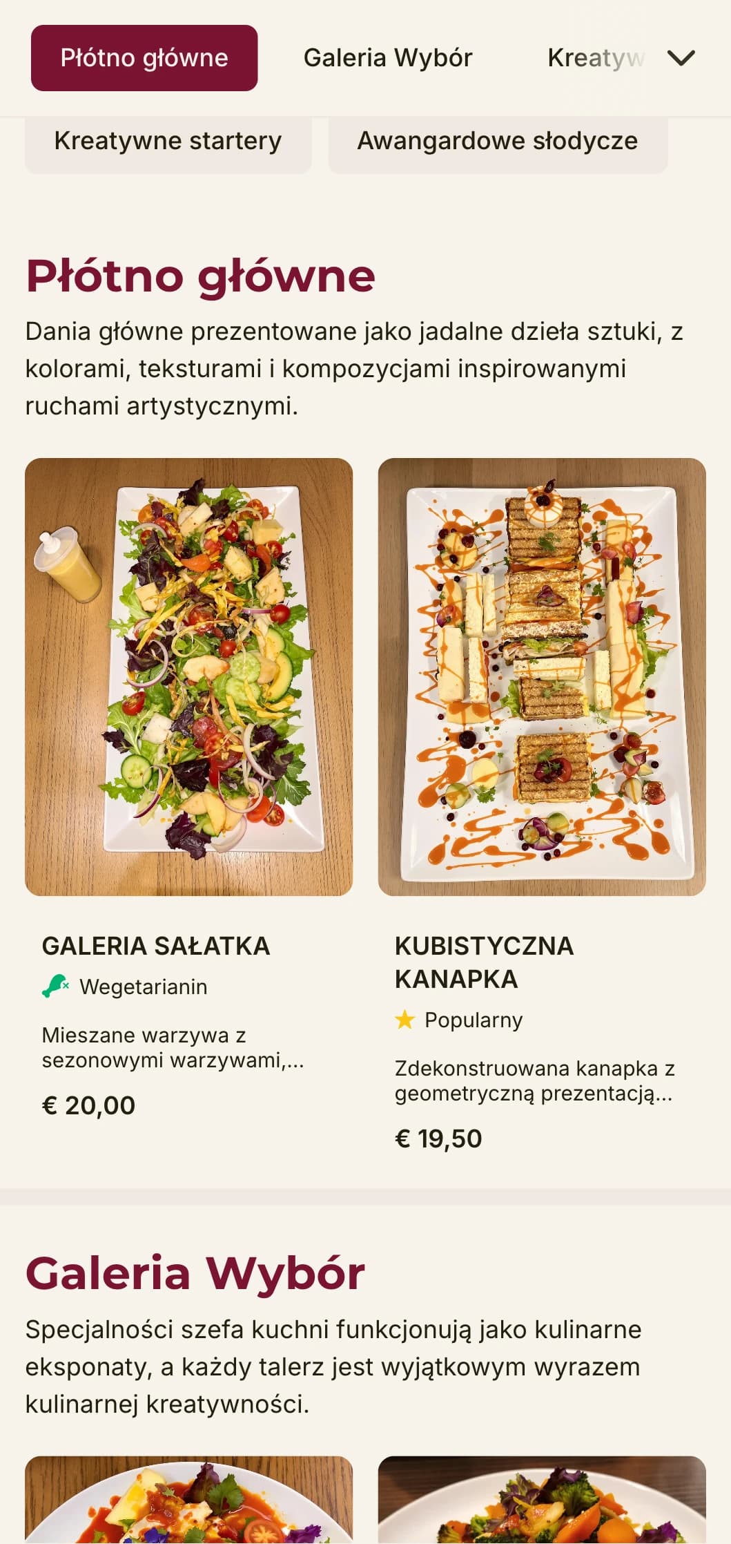 Kreatywny, inspirowany sztuką projekt menu lunchowego z odważnymi akcentami kolorystycznymi i wyrazistym układem, idealny dla restauracji w pobliżu galerii i dzielnic artystycznych.
