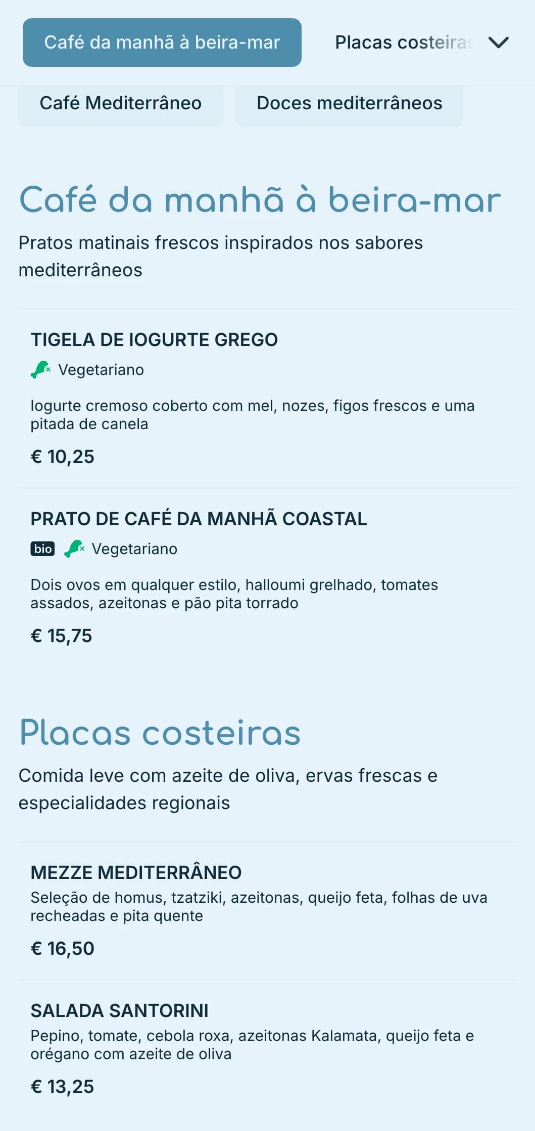 Paleta azul refrescante inspirada nas águas do Mediterrâneo para cafés e bistrôs à beira-mar.