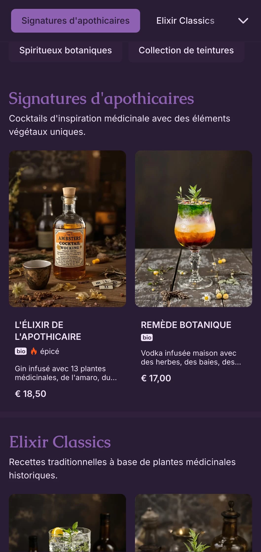 Mystérieux dessin violet avec illustrations botaniques pour les laboratoires de cocktails artisanaux.