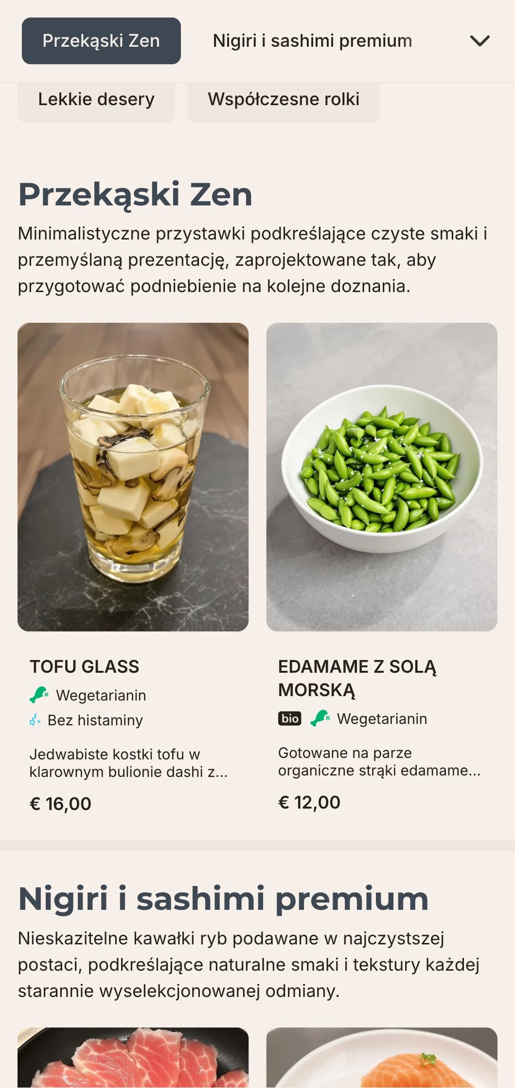 Czysty, współczesny projekt menu sushi o minimalistycznej estetyce, idealny dla ekskluzywnych japońskich restauracji koncentrujących się na prostocie i jakości.