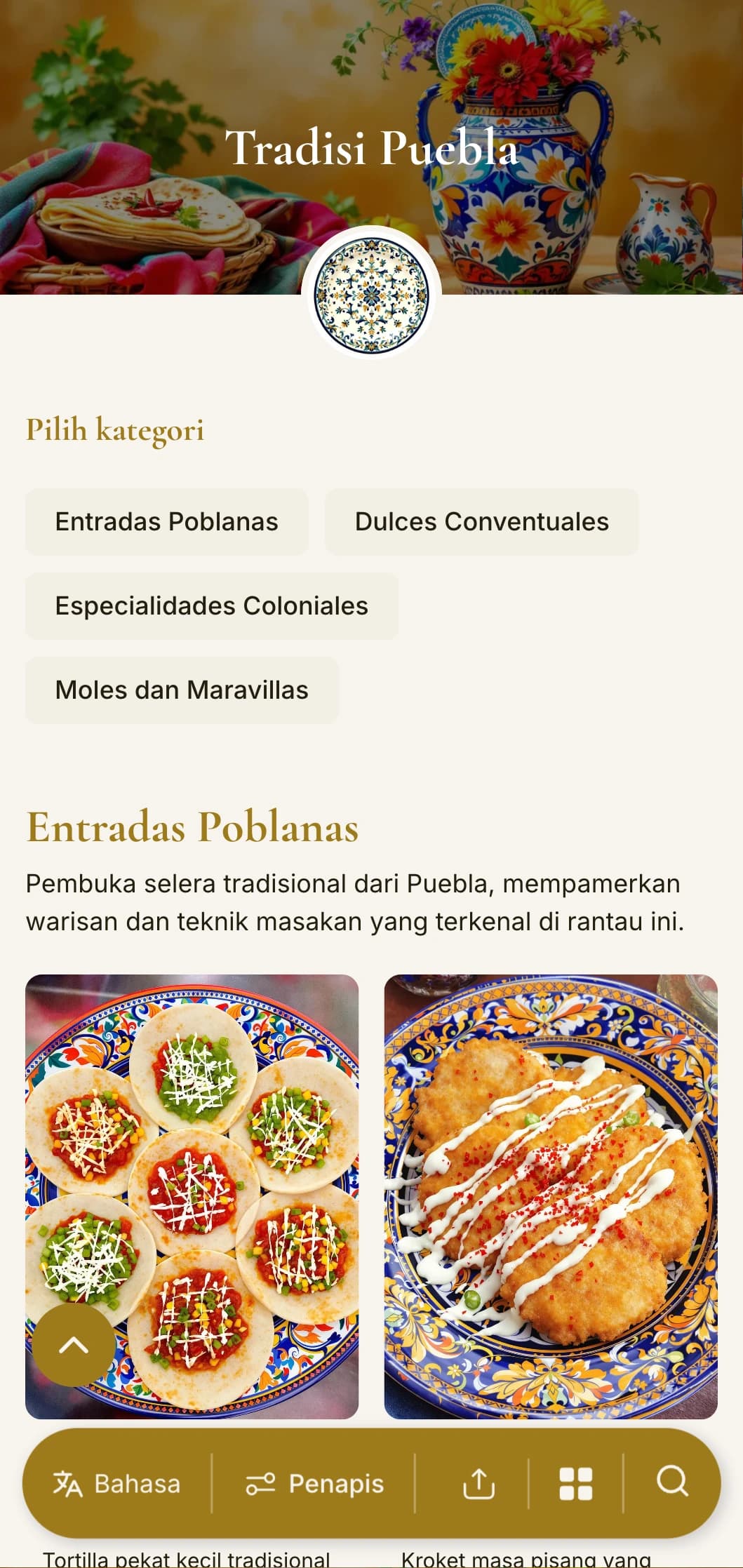 Menu halus yang meraikan warisan masakan Puebla yang kaya dengan menampilkan aksen emas, corak talavera dan hidangan poblano tahi lalat tulen.