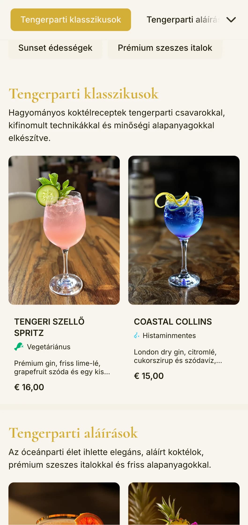 Kifinomult, tengerparti ihletésű design előkelő tengerparti és üdülőhelyi bárok számára, elegáns tipográfiával és arany ékezetekkel.