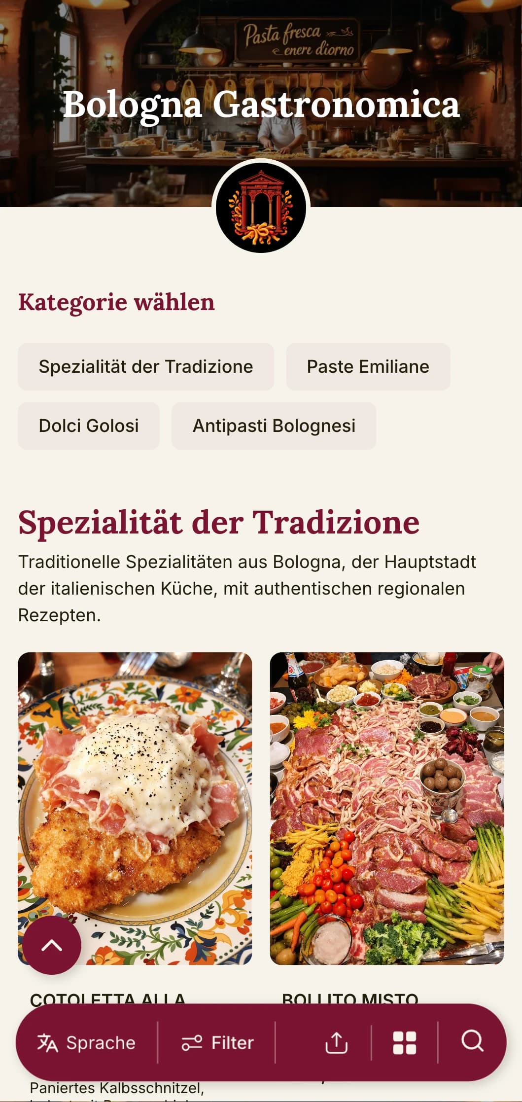 Reichhaltiges, einladendes Design mit kräftigen Rottönen und traditionellen Elementen, die den Ruf Bolognas als Italiens Hauptstadt des Essens feiern.