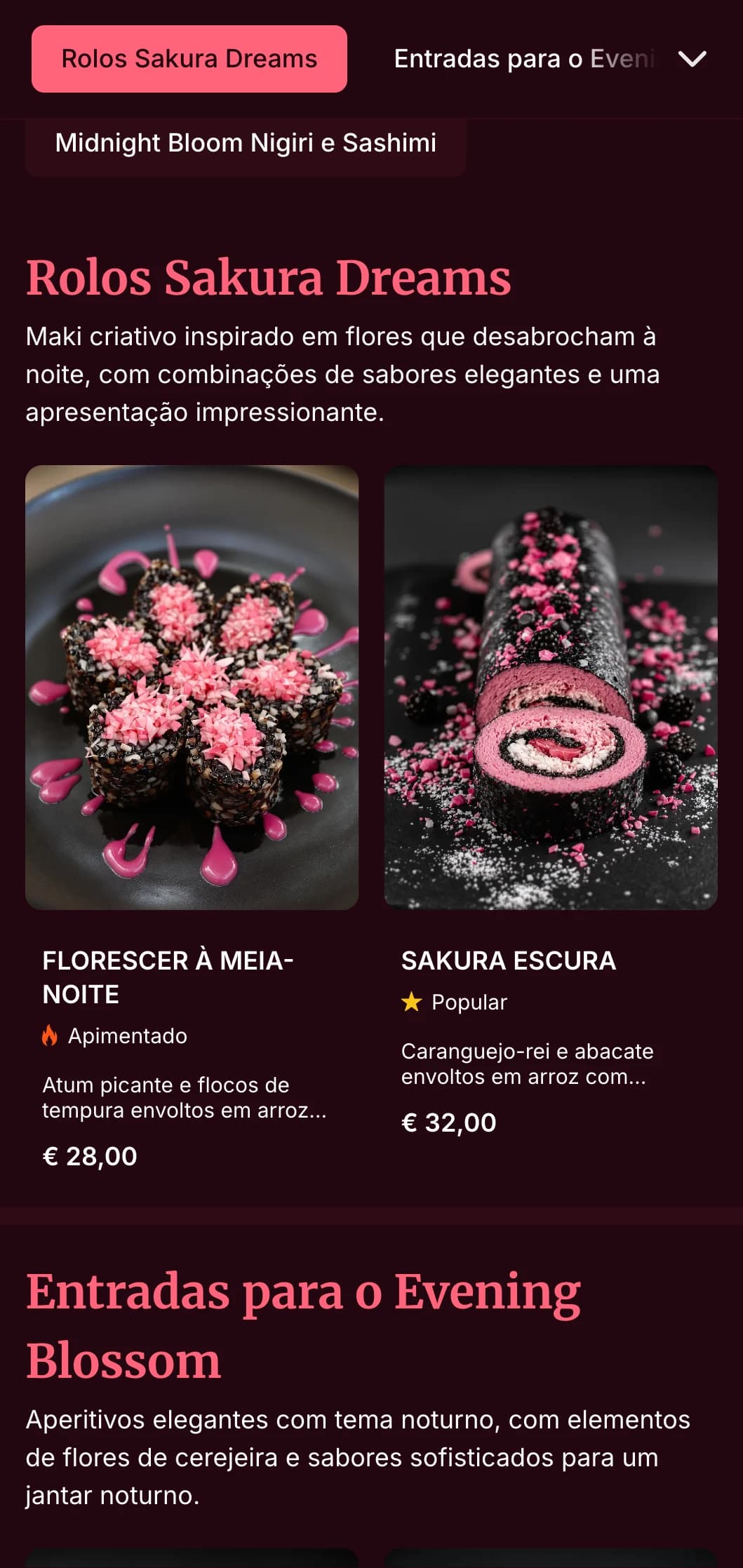 Experiência elegante de sushi à noite com motivos dramáticos de flores de cerejeira em tons de vinho profundo para um jantar de luxo.