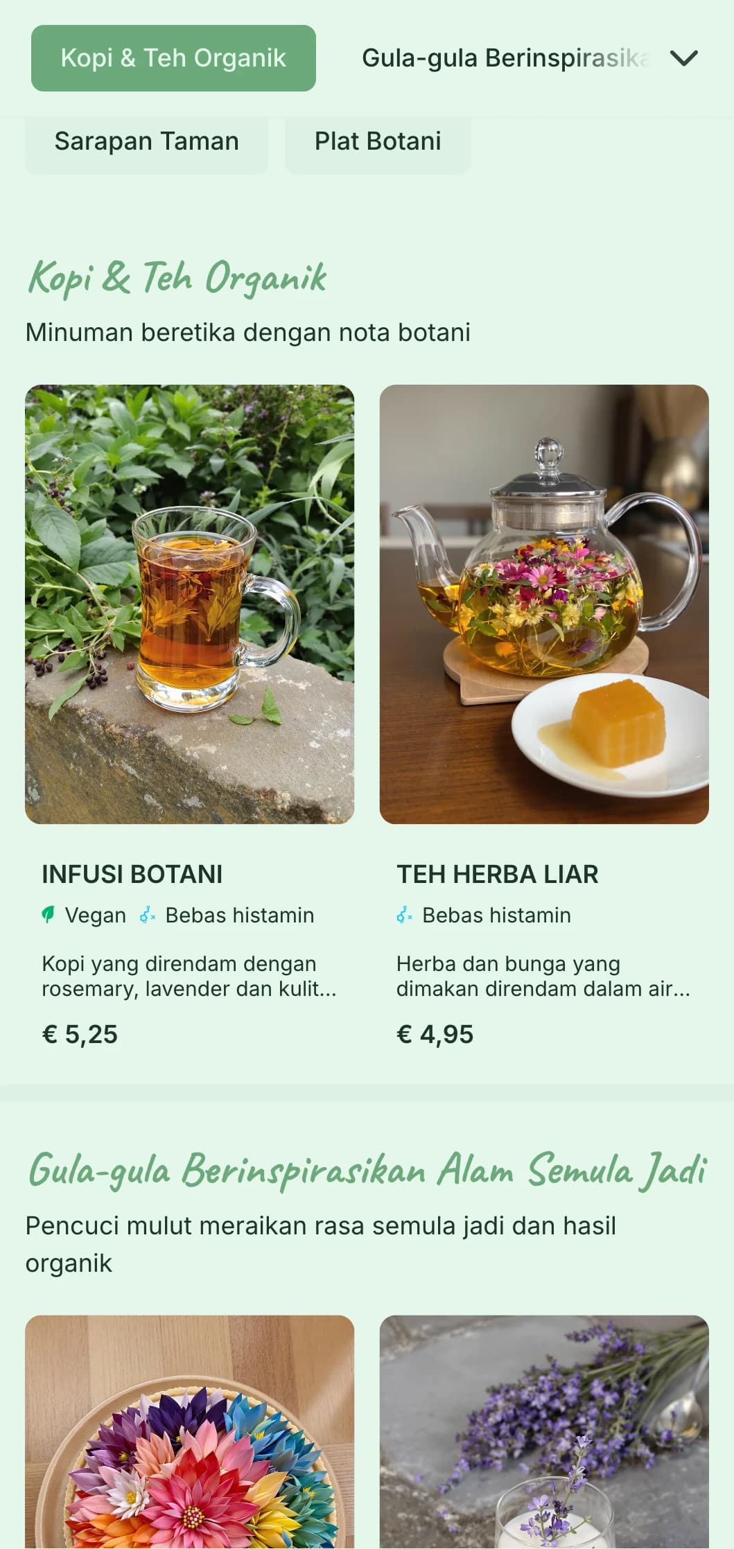 Reka bentuk bertema hijau segar dengan unsur botani untuk kafe taman dan tempat makan tengah hari organik.