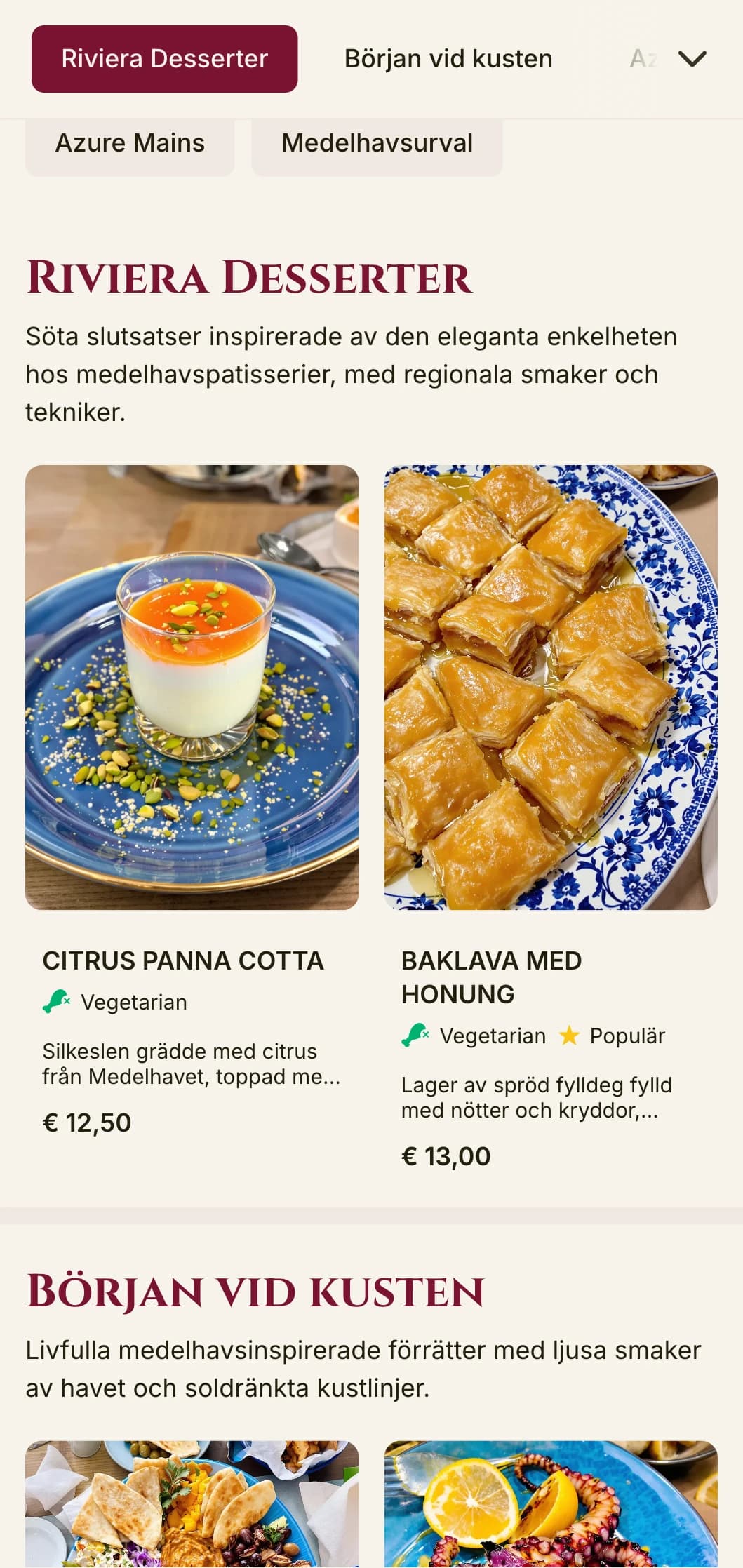 Slående, medelhavsinspirerad lunchmenydesign med livfulla accenter och elegant layout, perfekt för exklusiva restauranger vid havet och på semestermål.