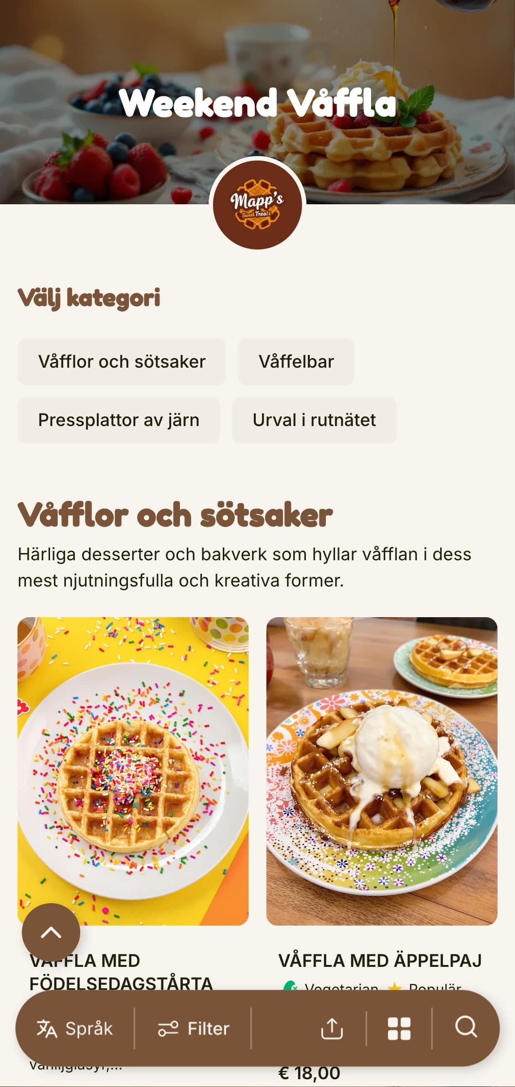 Varm, lekfull brunchmall med fokus på våfflor och söta frukosträtter, perfekt för familjevänliga caféer.