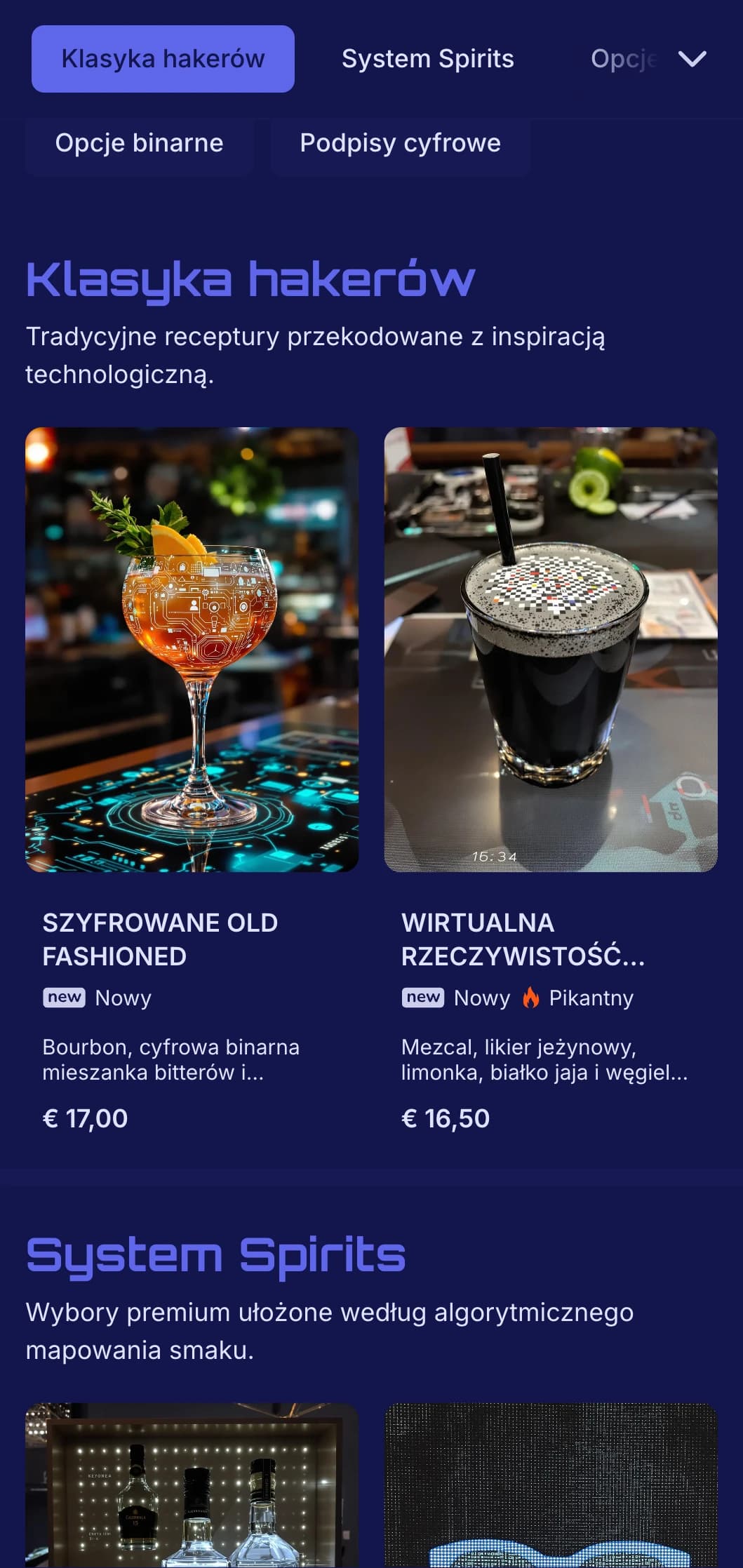 Futurystyczny niebiesko-czarny design z cyfrowymi elementami dla nowoczesnych barów.